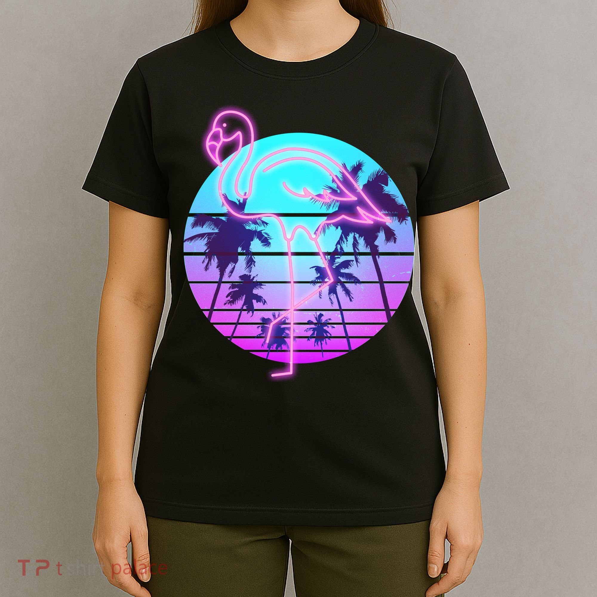 Retro Eighties 80's Neon Flamingo Emblem T-Shirt