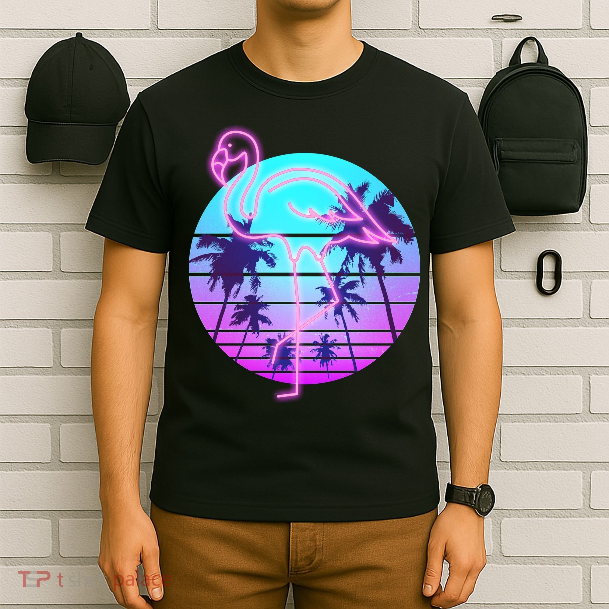 Retro Eighties 80's Neon Flamingo Emblem T-Shirt