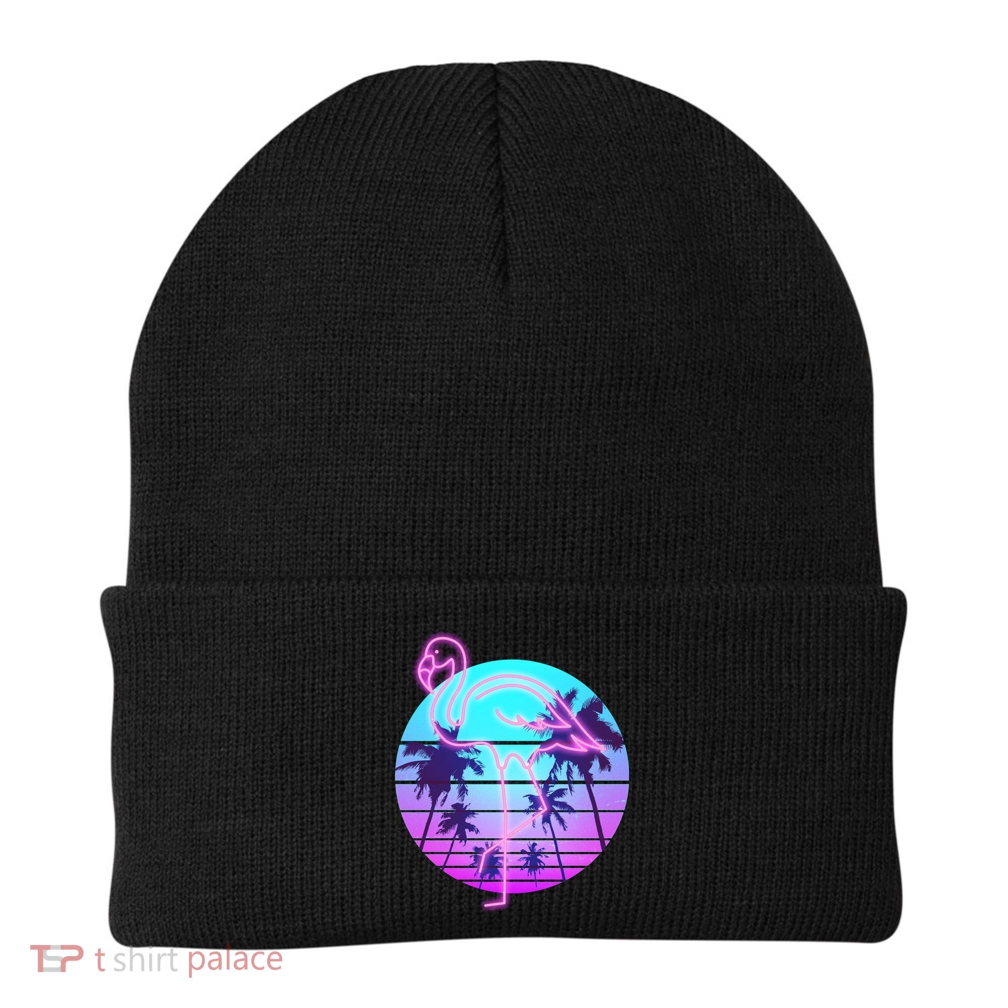 Retro Eighties 80's Neon Flamingo Emblem Beanie