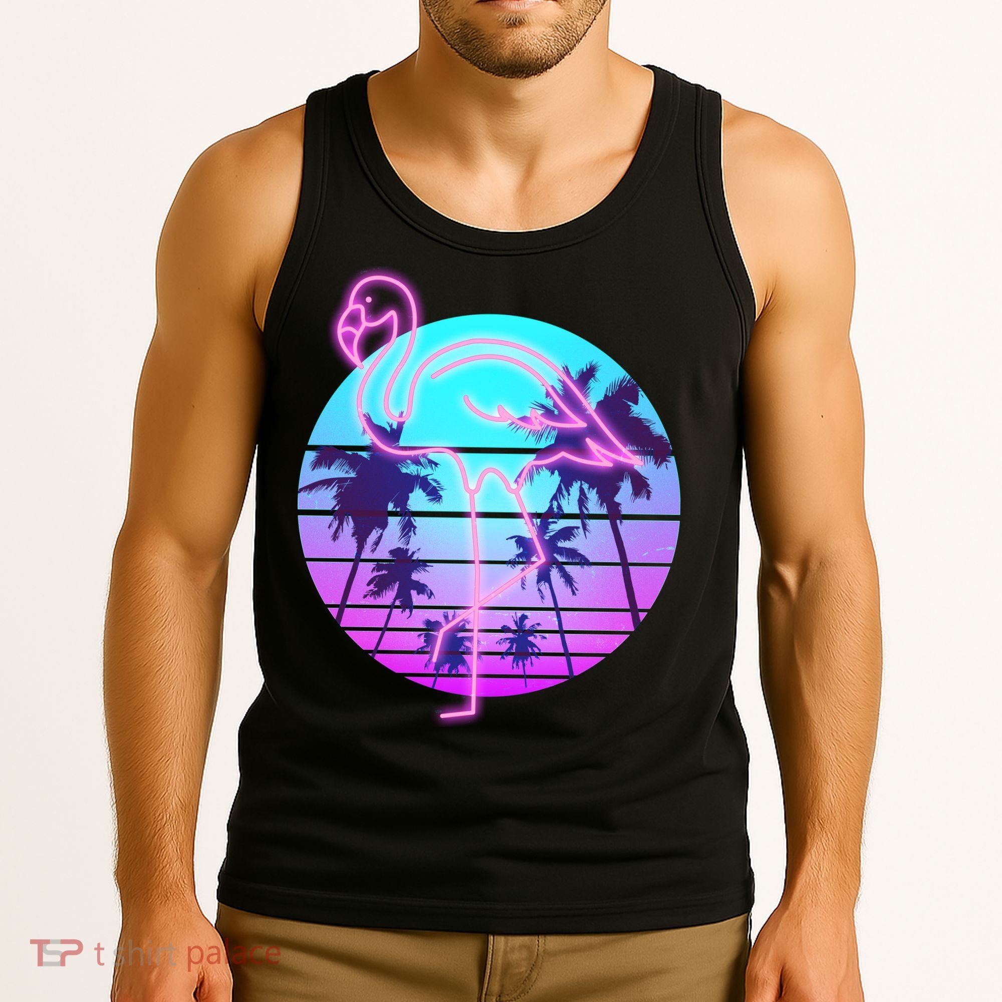 Retro Eighties 80's Neon Flamingo Emblem Tank Top