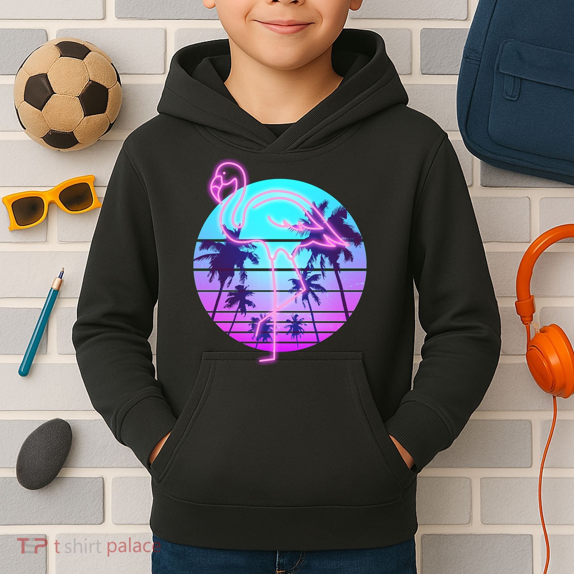 Retro Eighties 80's Neon Flamingo Emblem Kids Hoodie