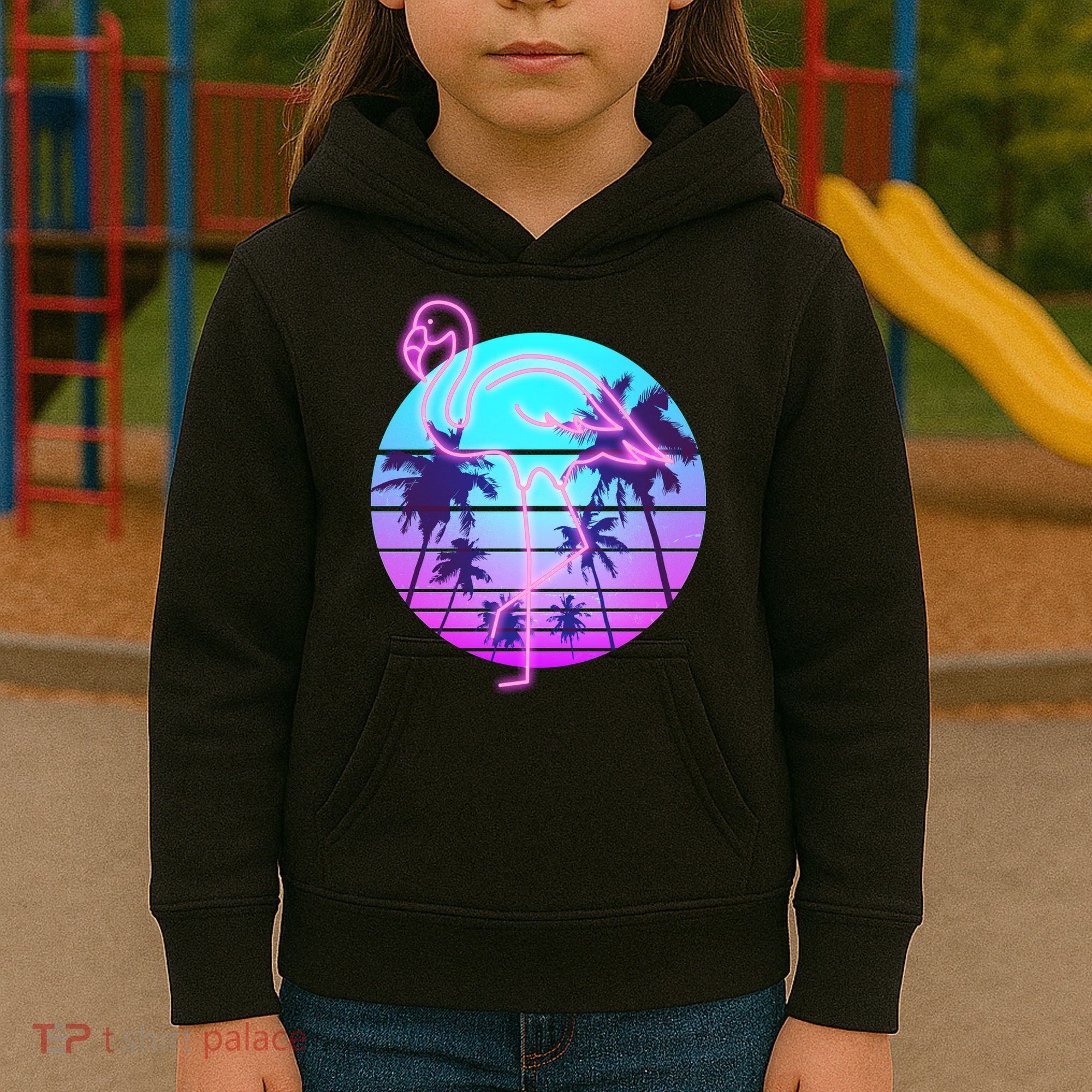 Retro Eighties 80's Neon Flamingo Emblem Kids Hoodie