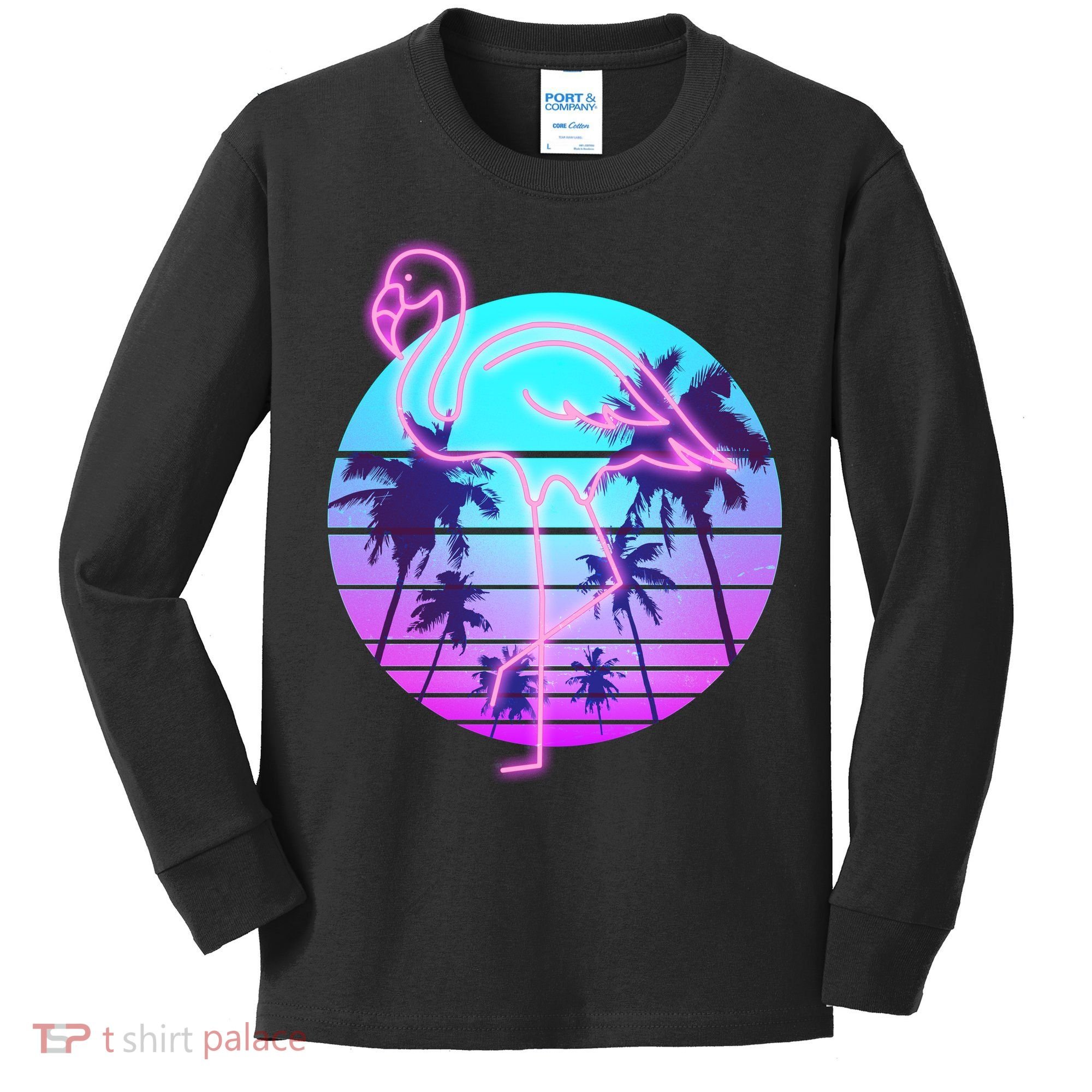 Retro Eighties 80's Neon Flamingo Emblem Kids Long Sleeve Shirt