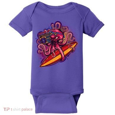 Retro Eighties 80's Surfer Octopus Baby Bodysuit