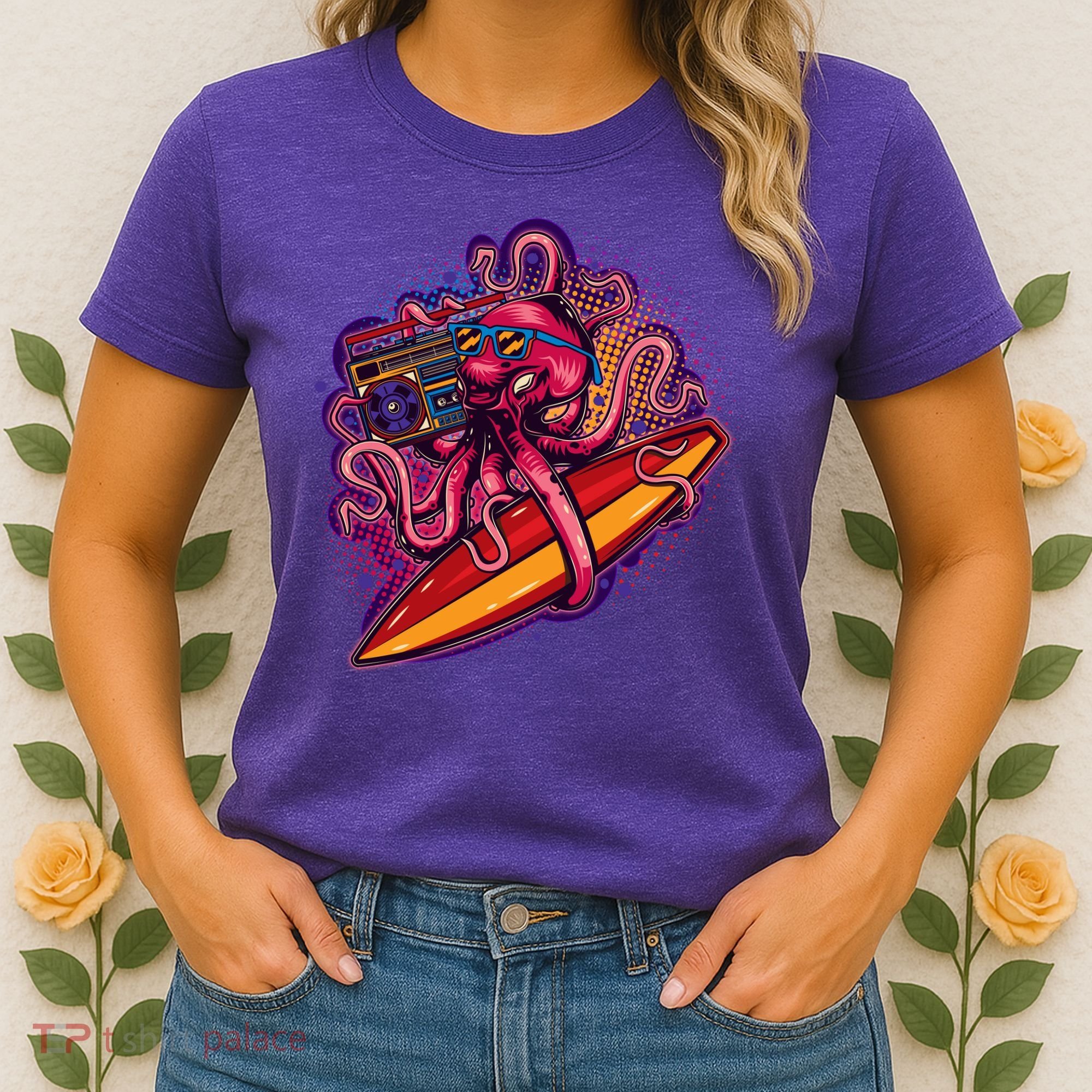 Retro Eighties 80's Surfer Octopus Women's T-Shirt