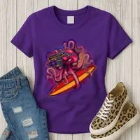 Retro Eighties 80's Surfer Octopus Women's T-Shirt thumb 3