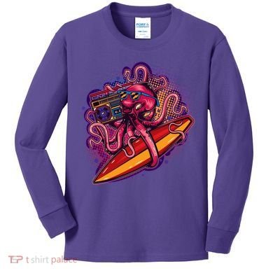 Retro Eighties 80's Surfer Octopus Kids Long Sleeve Shirt