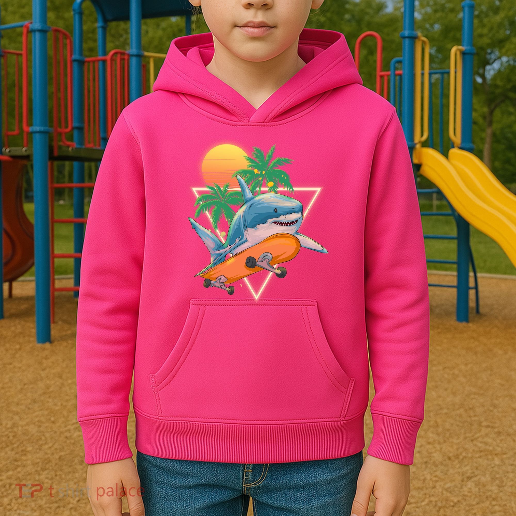 Retro Eighties 80's Skateboarding Shark Kids Hoodie