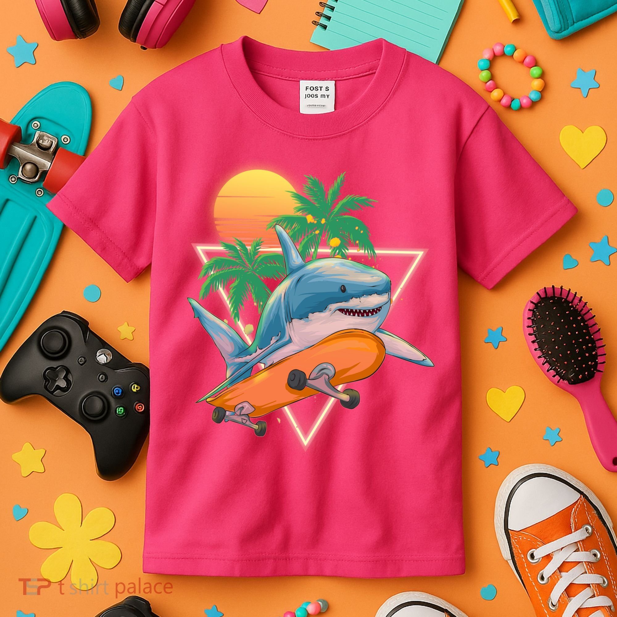 Retro Eighties 80's Skateboarding Shark Kids T-Shirt