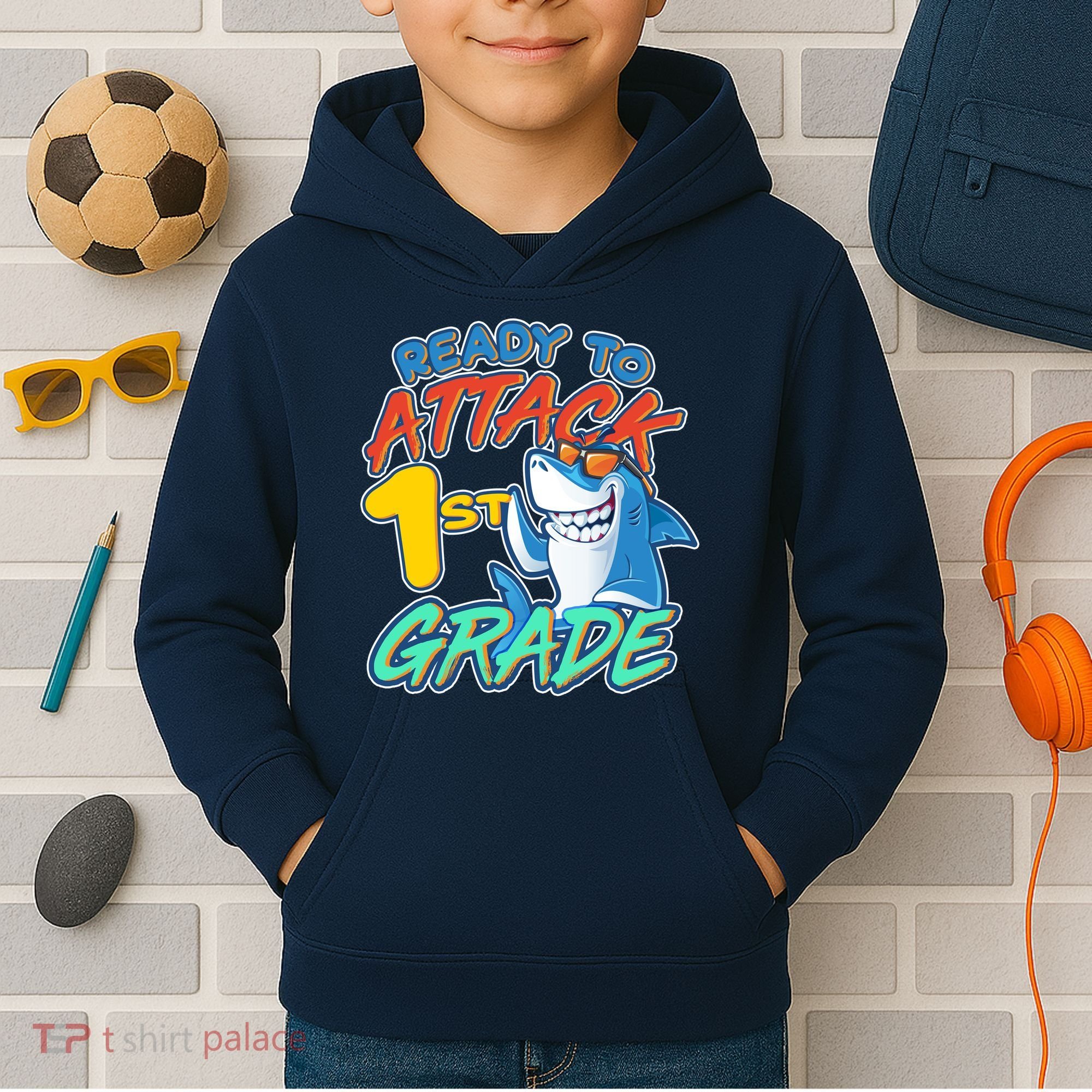 Ready To Attack 1st Grade Shark Kids Hoodie