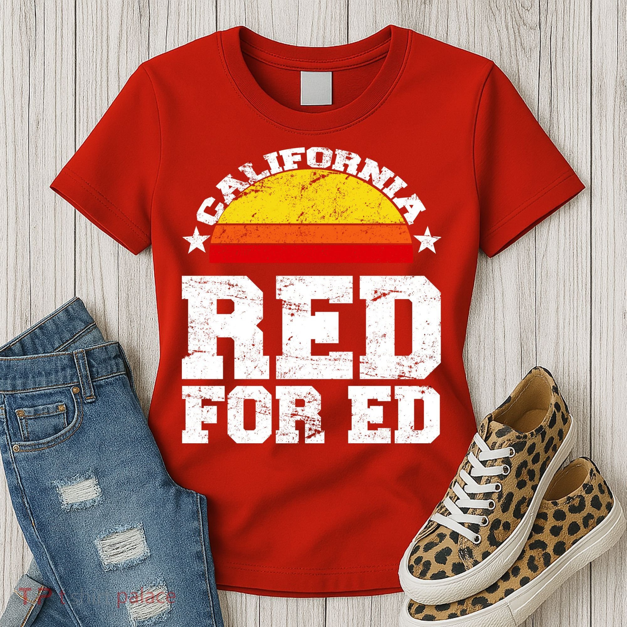 Red For Ed California Sunset Disstressed Women's T-Shirt