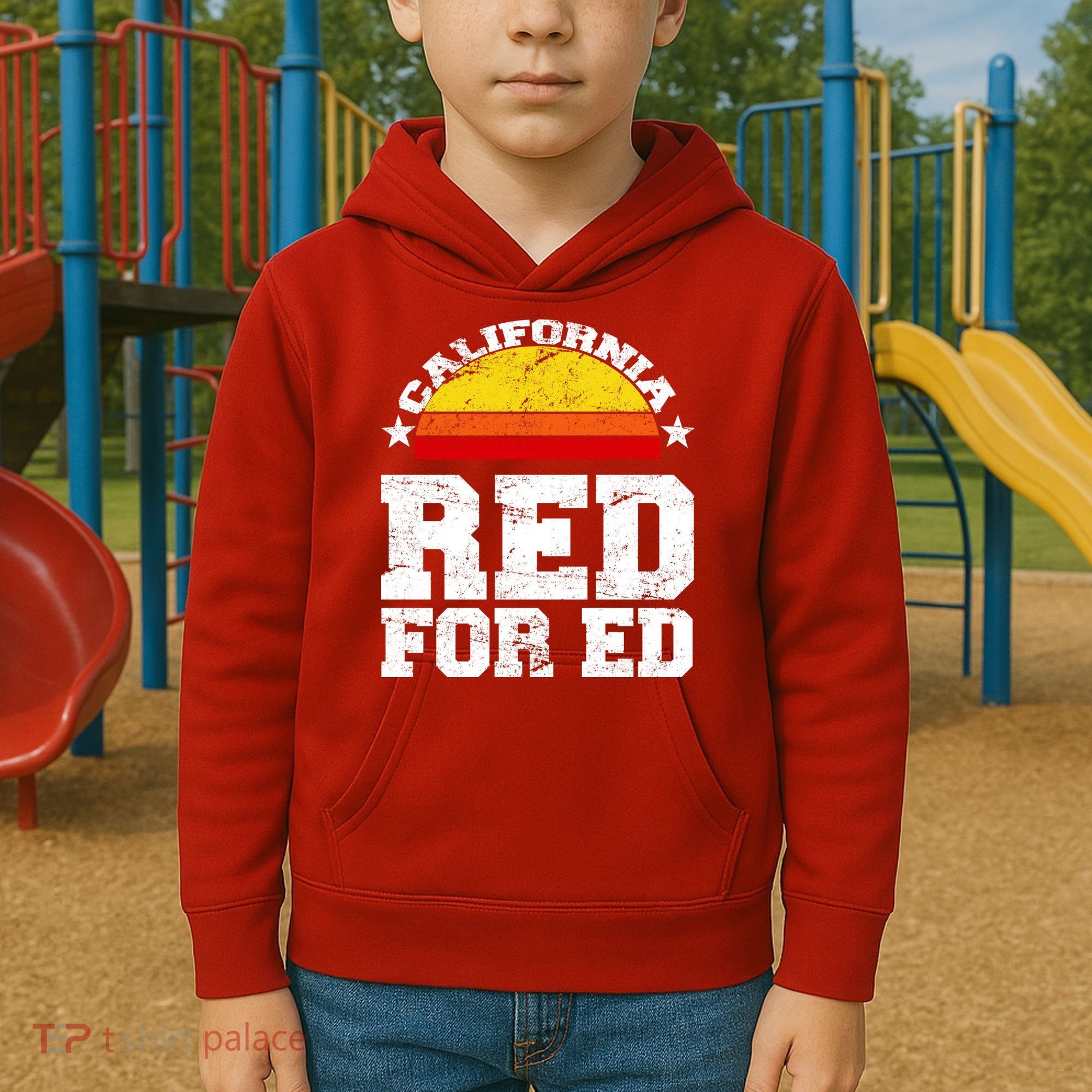 Red For Ed California Sunset Disstressed Kids Hoodie