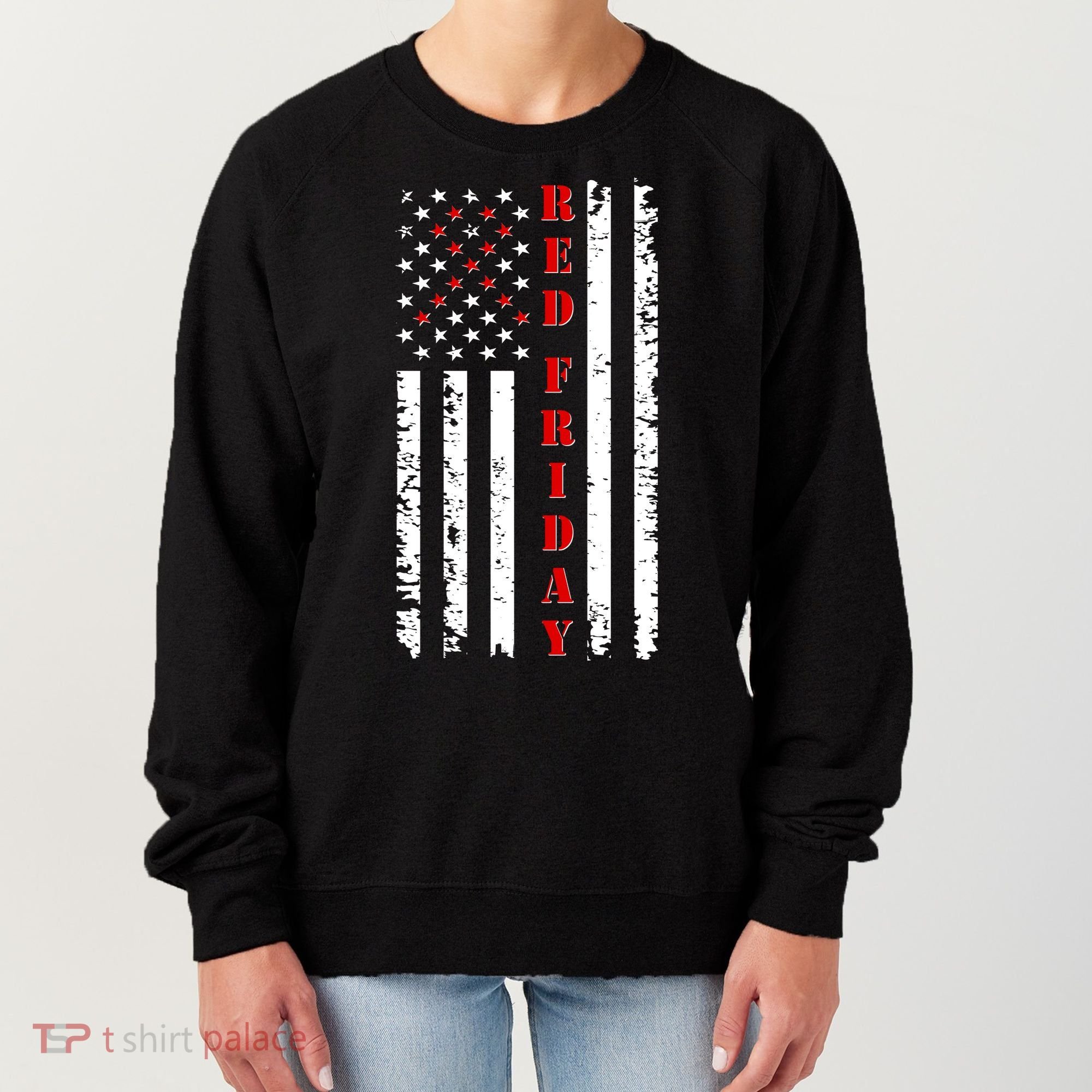 Red Friday Distressed Ribbon US Flag Support Veterans Women's Sweatshirt
