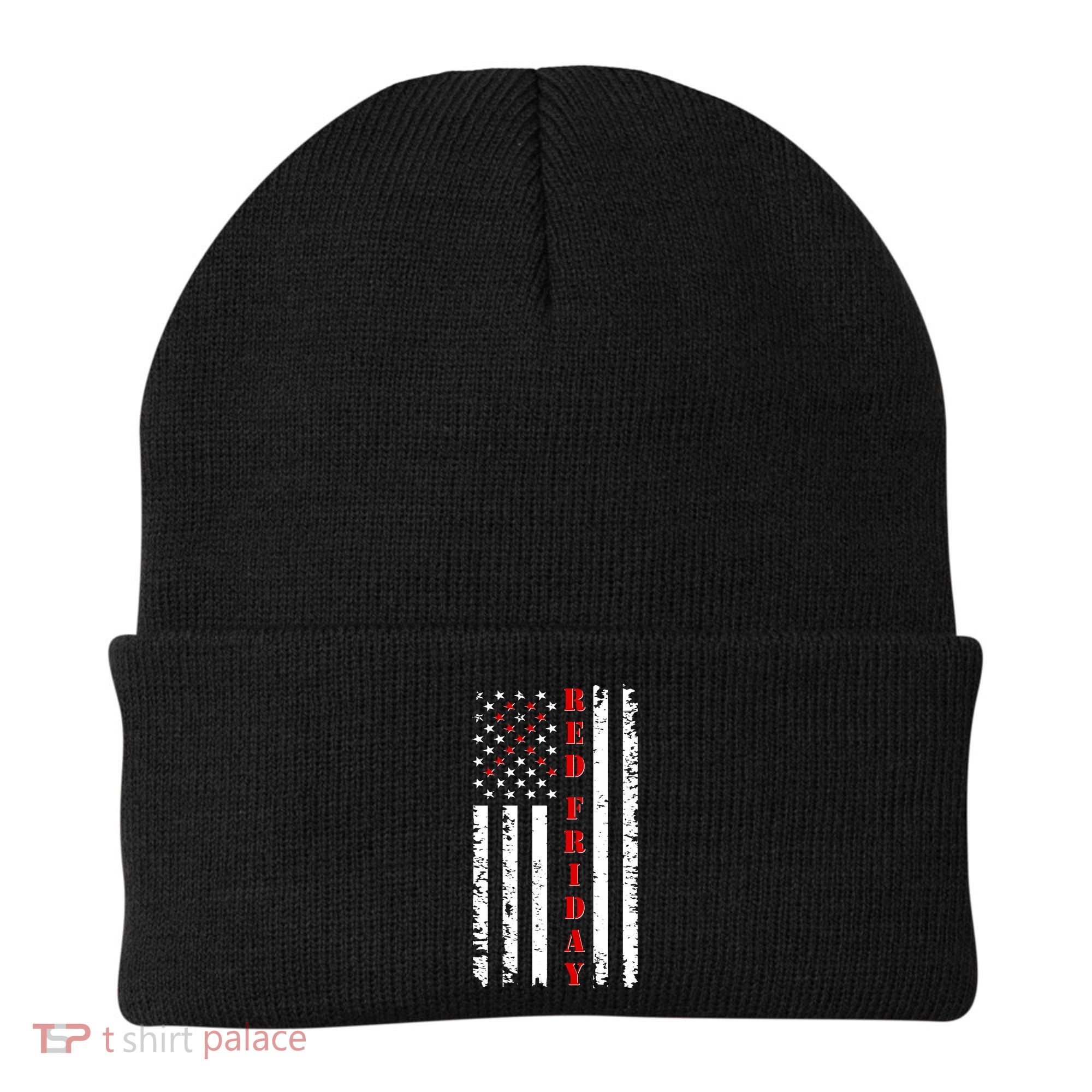 Red Friday Distressed Ribbon US Flag Support Veterans Beanie