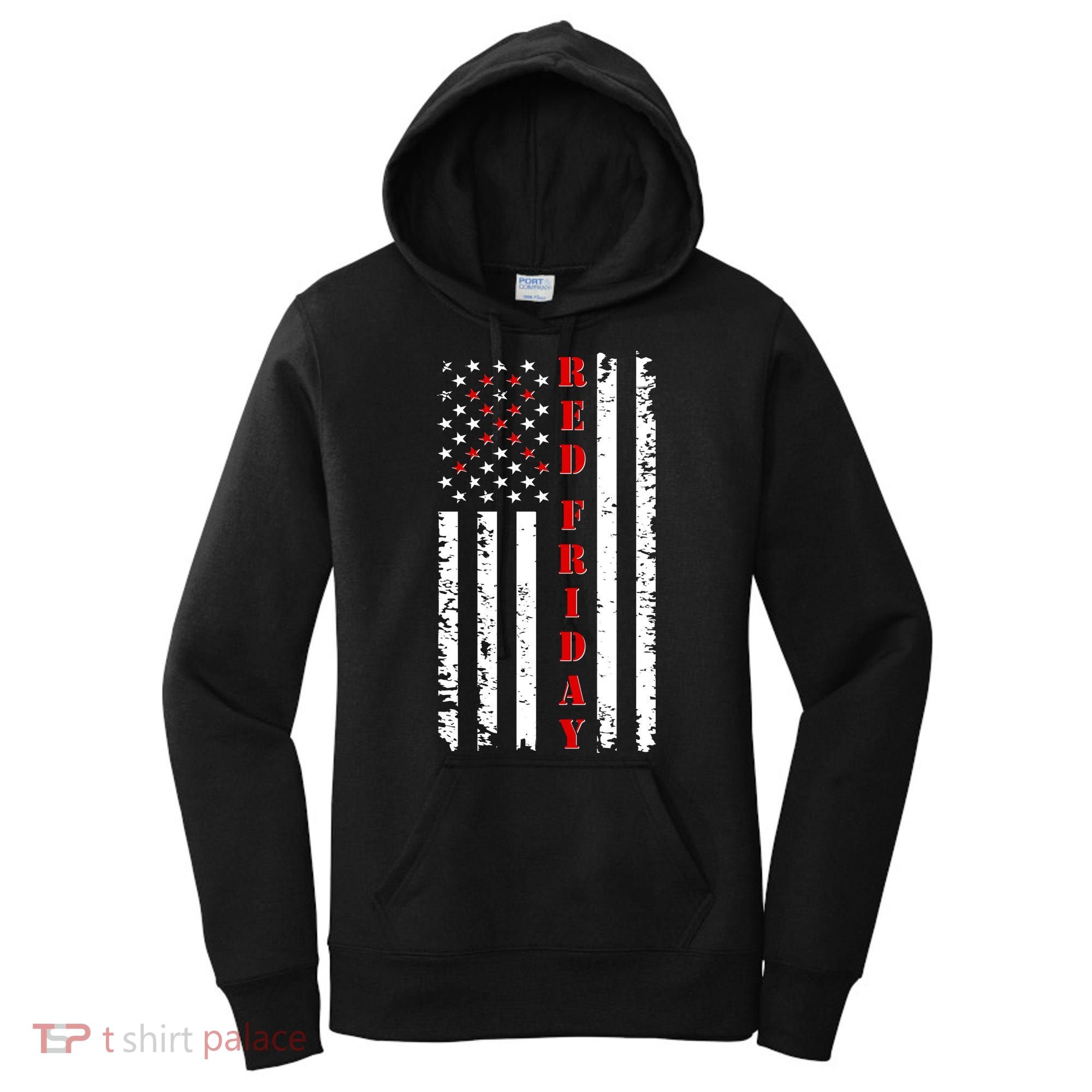 Red Friday Distressed Ribbon US Flag Support Veterans Women's Hoodie