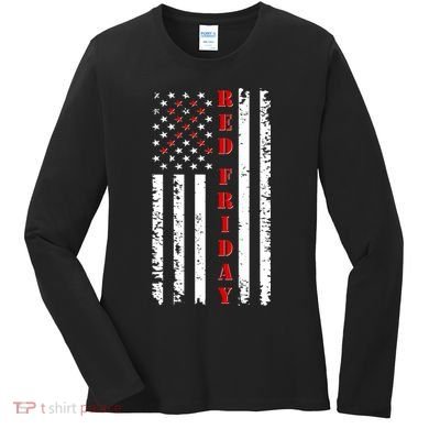 Red Friday Distressed Ribbon US Flag Support Veterans Women's Long Sleeve Shirt