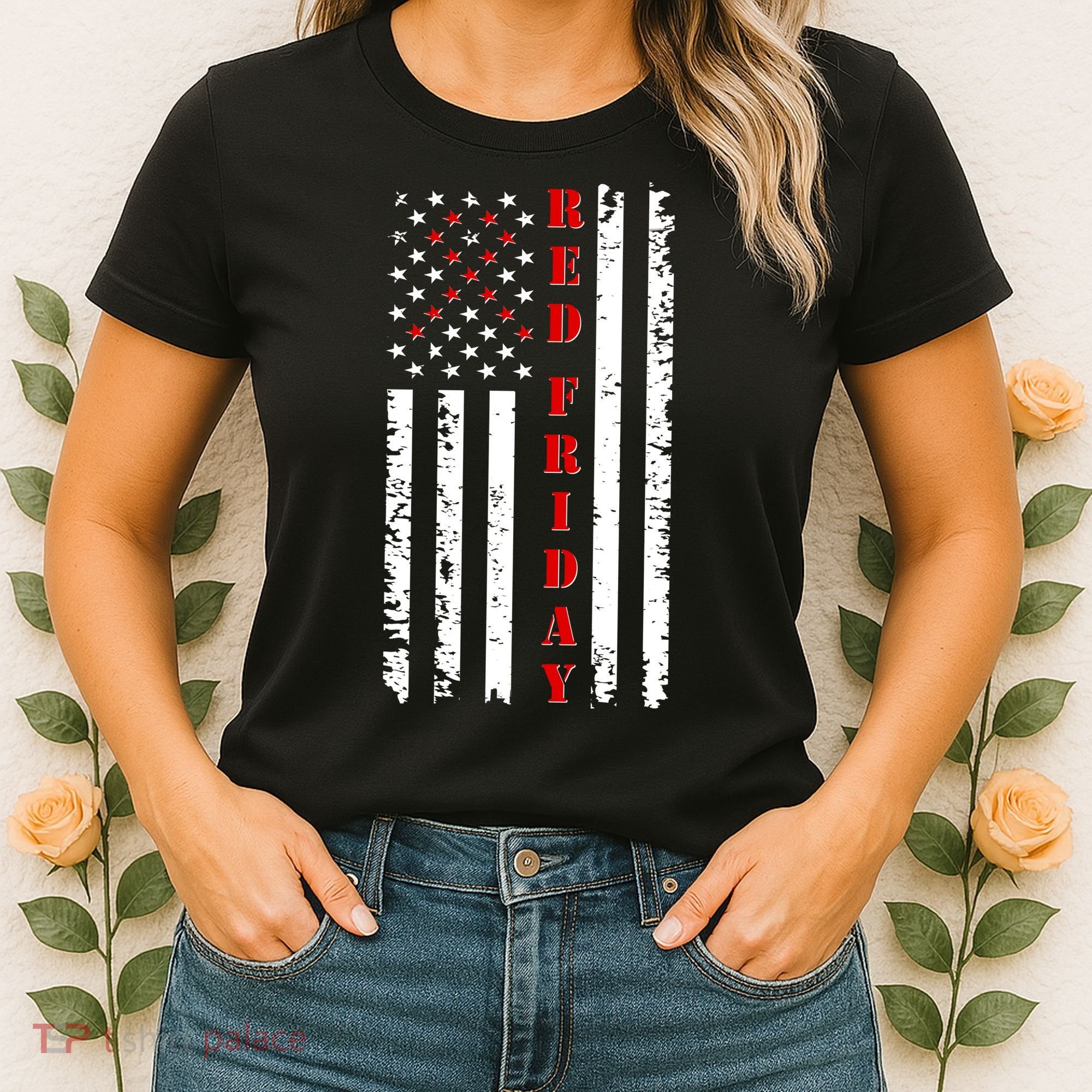 Red Friday Distressed Ribbon US Flag Support Veterans Women's T-Shirt
