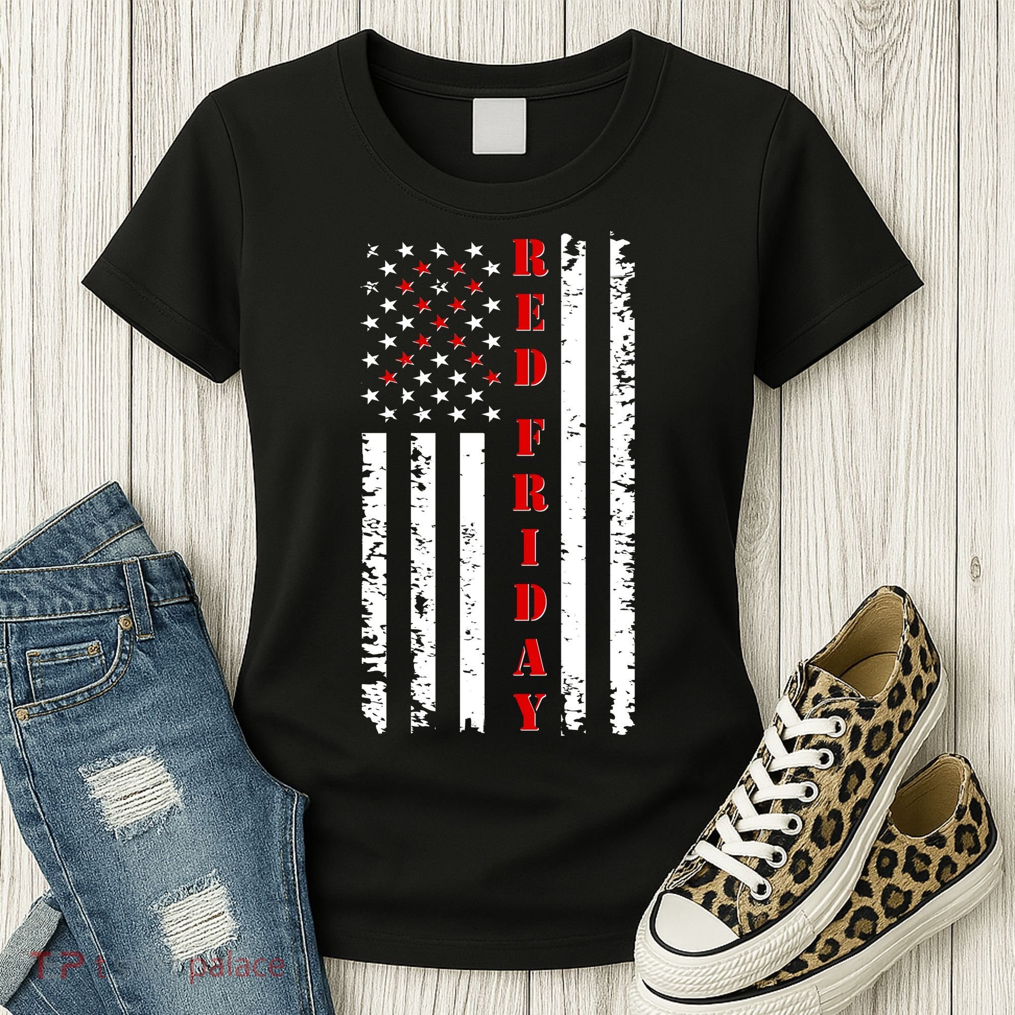 Red Friday Distressed Ribbon US Flag Support Veterans Women's T-Shirt