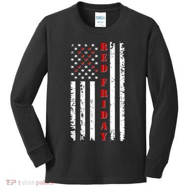 Red Friday Distressed Ribbon US Flag Support Veterans Kids Long Sleeve Shirt