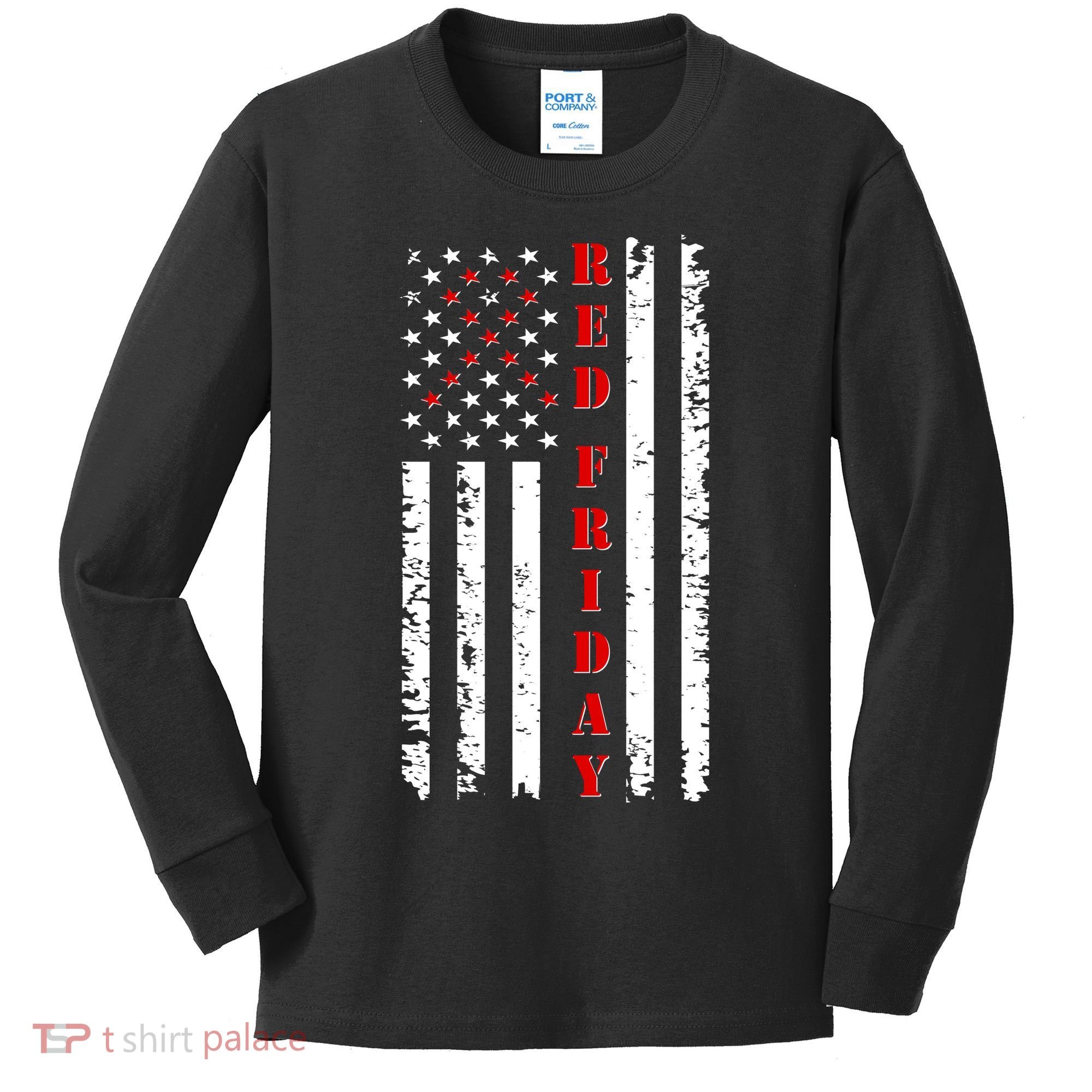 Red Friday Distressed Ribbon US Flag Support Veterans Kids Long Sleeve Shirt
