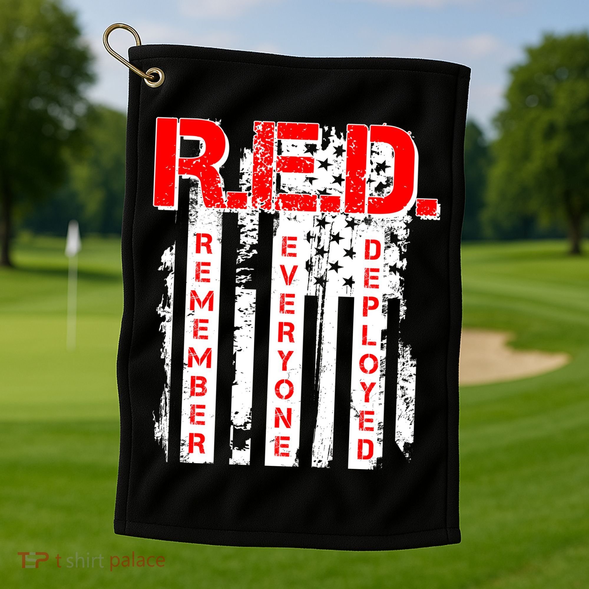 RED Remember Everyone Deployed Distressed Flag Golf Towel