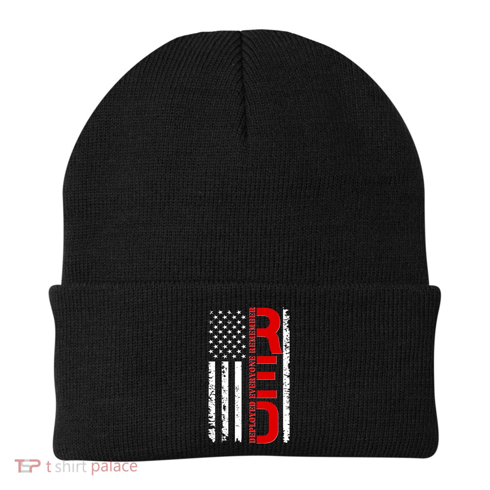 RED Remember Everyone Deployed Distressed US Flag Beanie