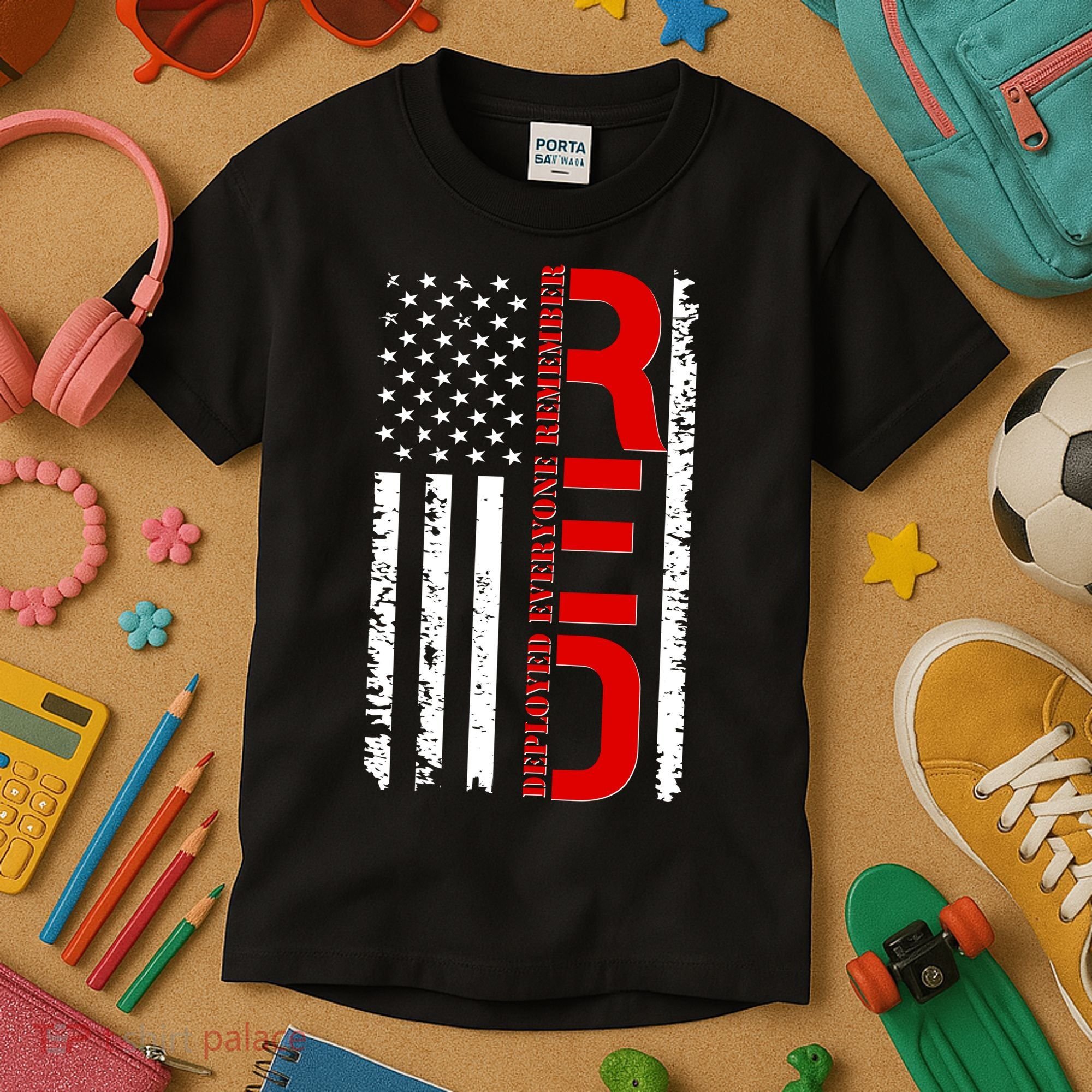 RED Remember Everyone Deployed Distressed US Flag Kids T-Shirt