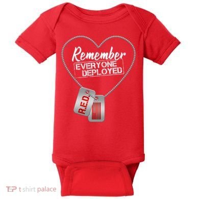 RED Remember Everyone Deployed Dog tags Baby Bodysuit