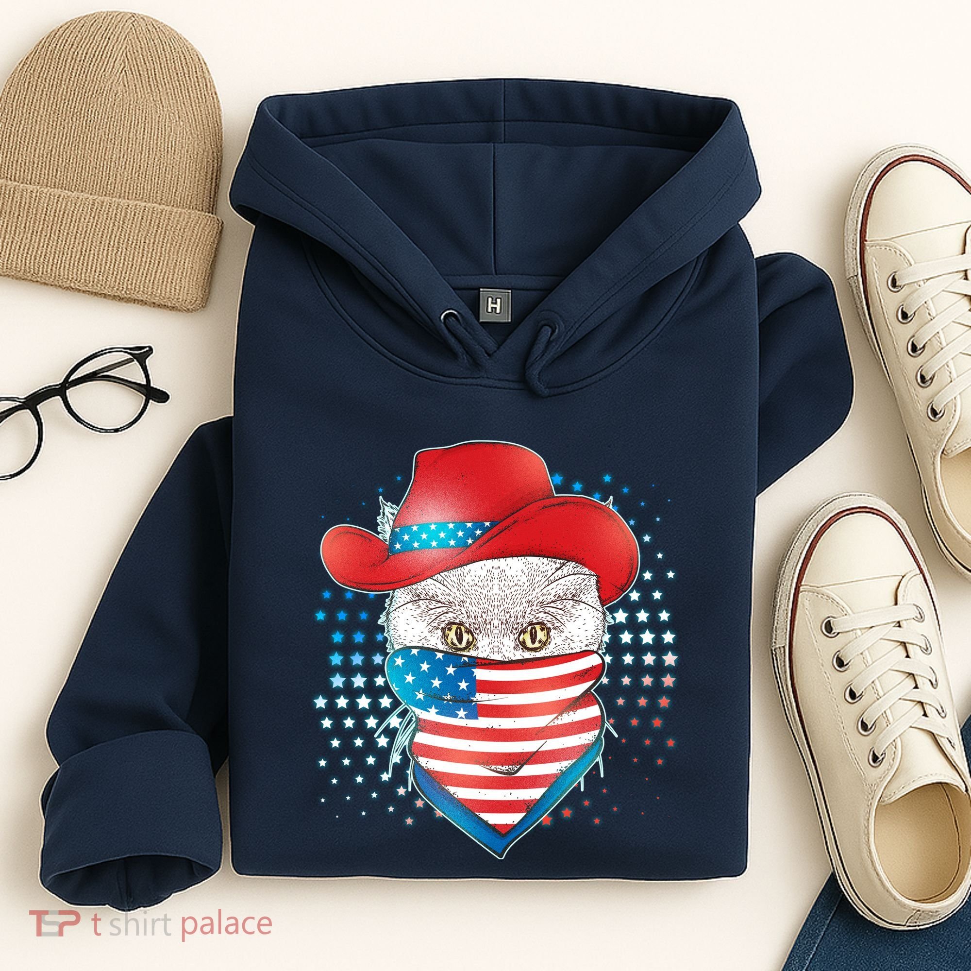Red White and Blue Cowboy Cat Hoodie