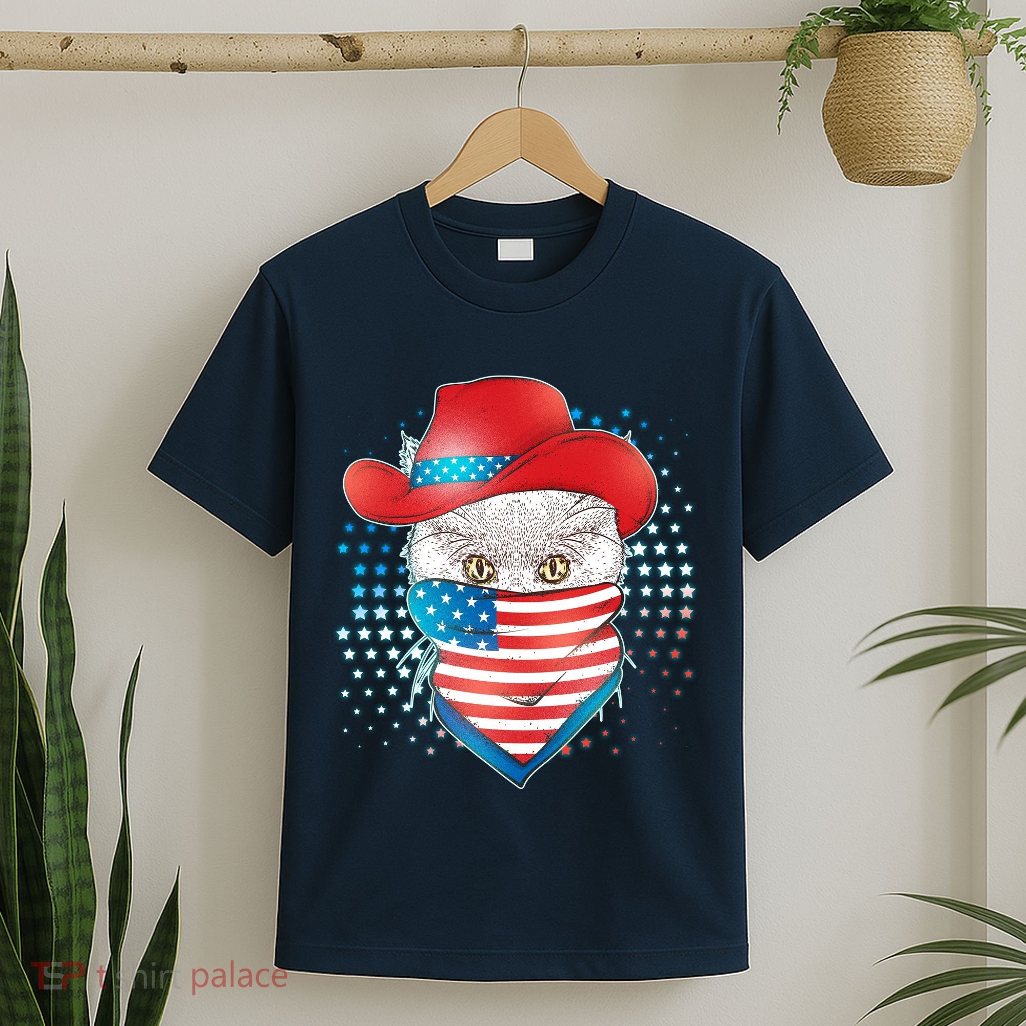 Red White and Blue Cowboy Cat T-Shirt