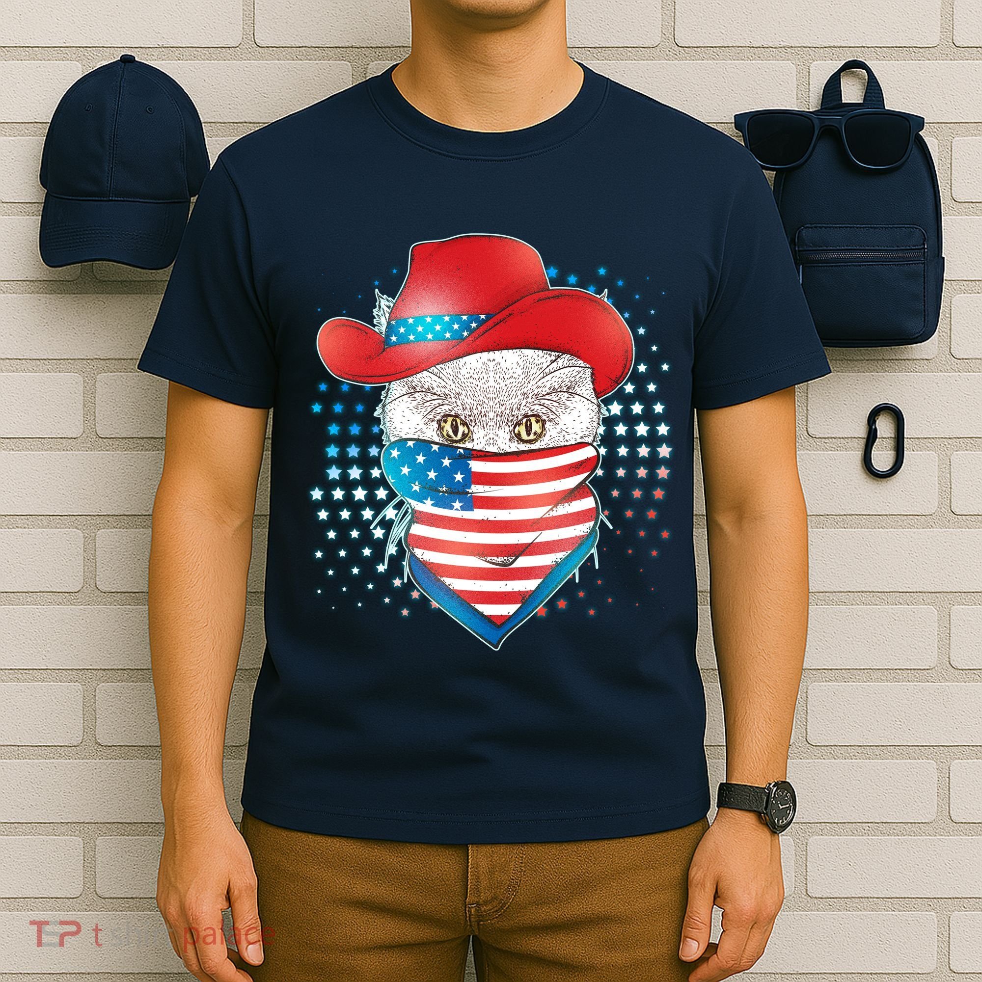 Red White and Blue Cowboy Cat T-Shirt