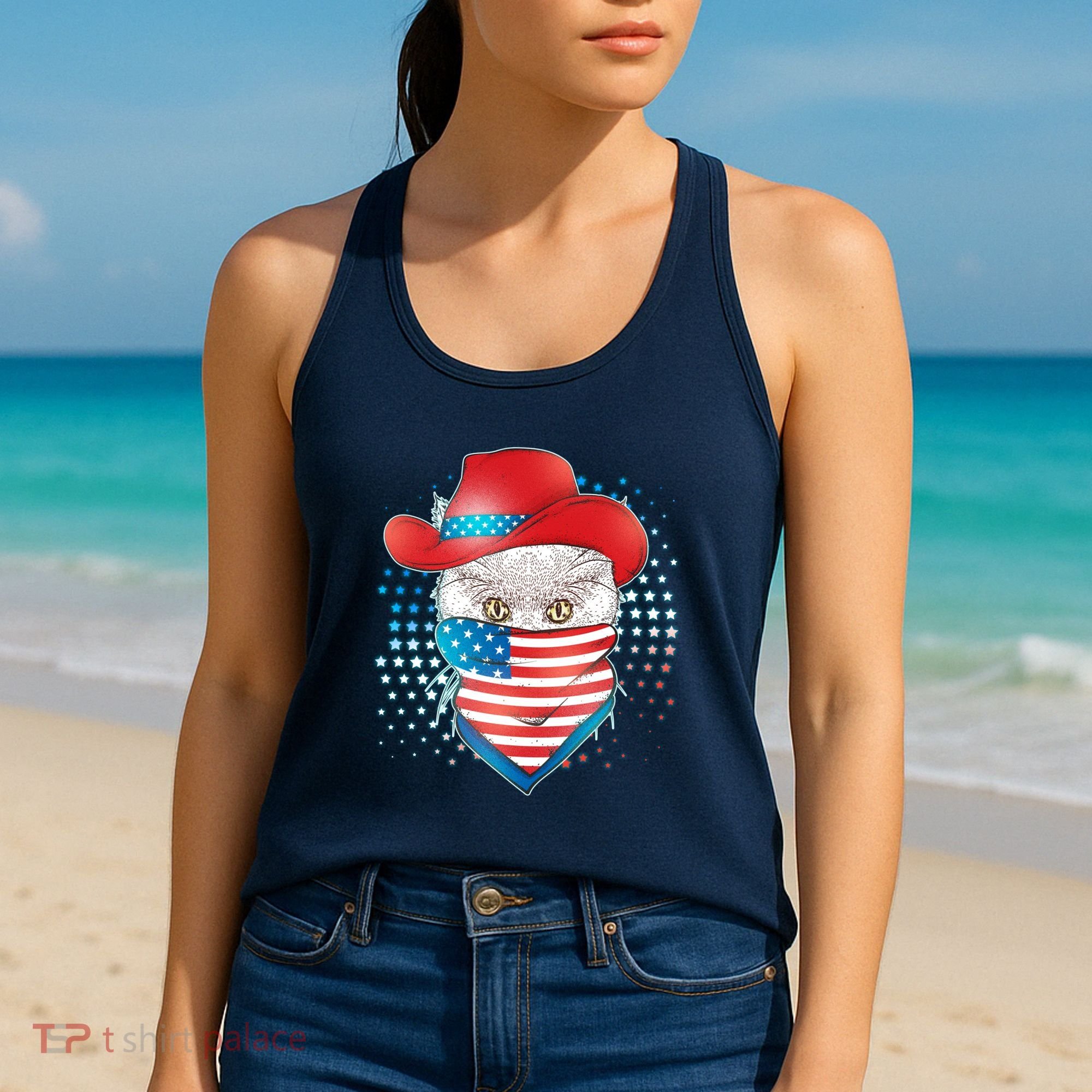 Red White and Blue Cowboy Cat Women's Tank Top