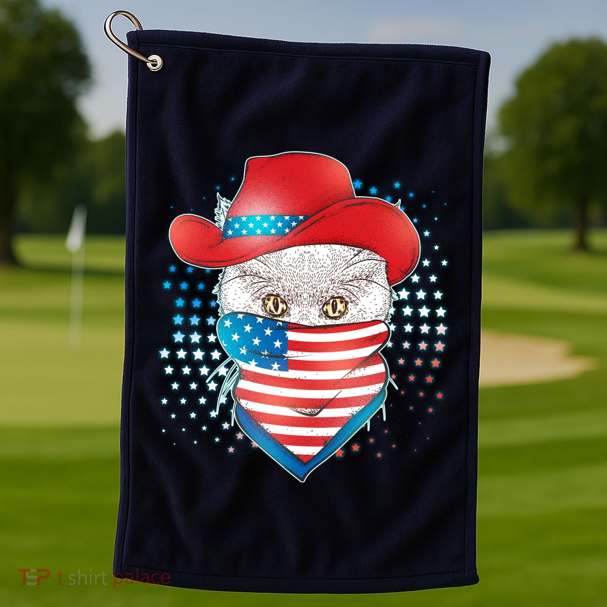 Red White and Blue Cowboy Cat Golf Towel