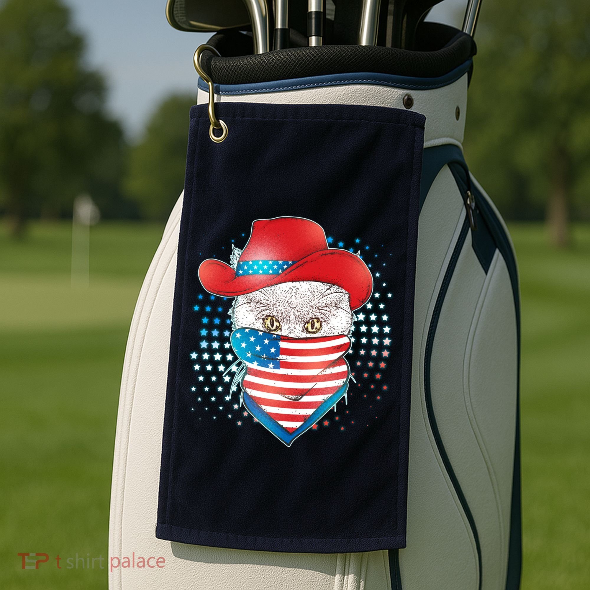 Red White and Blue Cowboy Cat Golf Towel