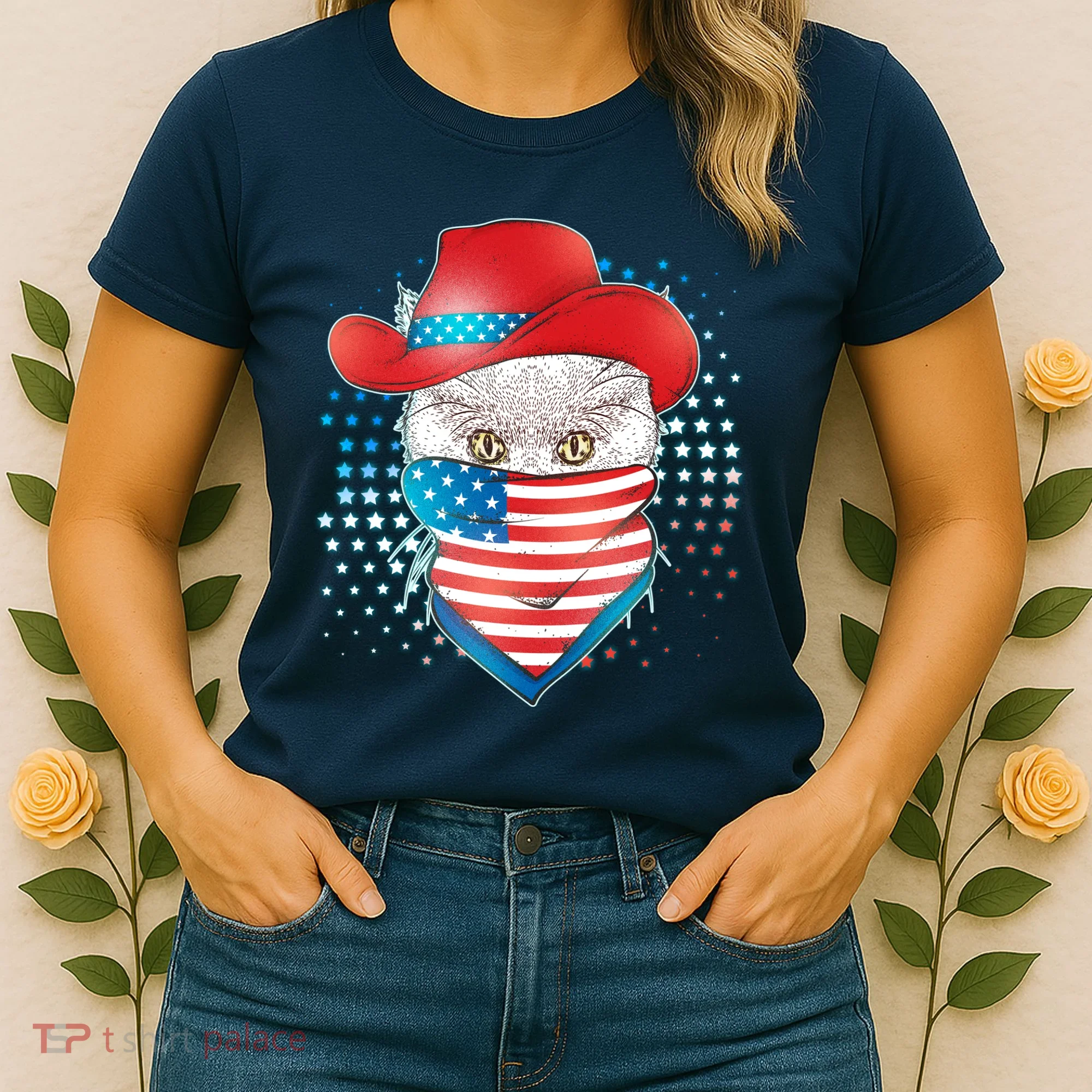 Red White and Blue Cowboy Cat Women's T-Shirt