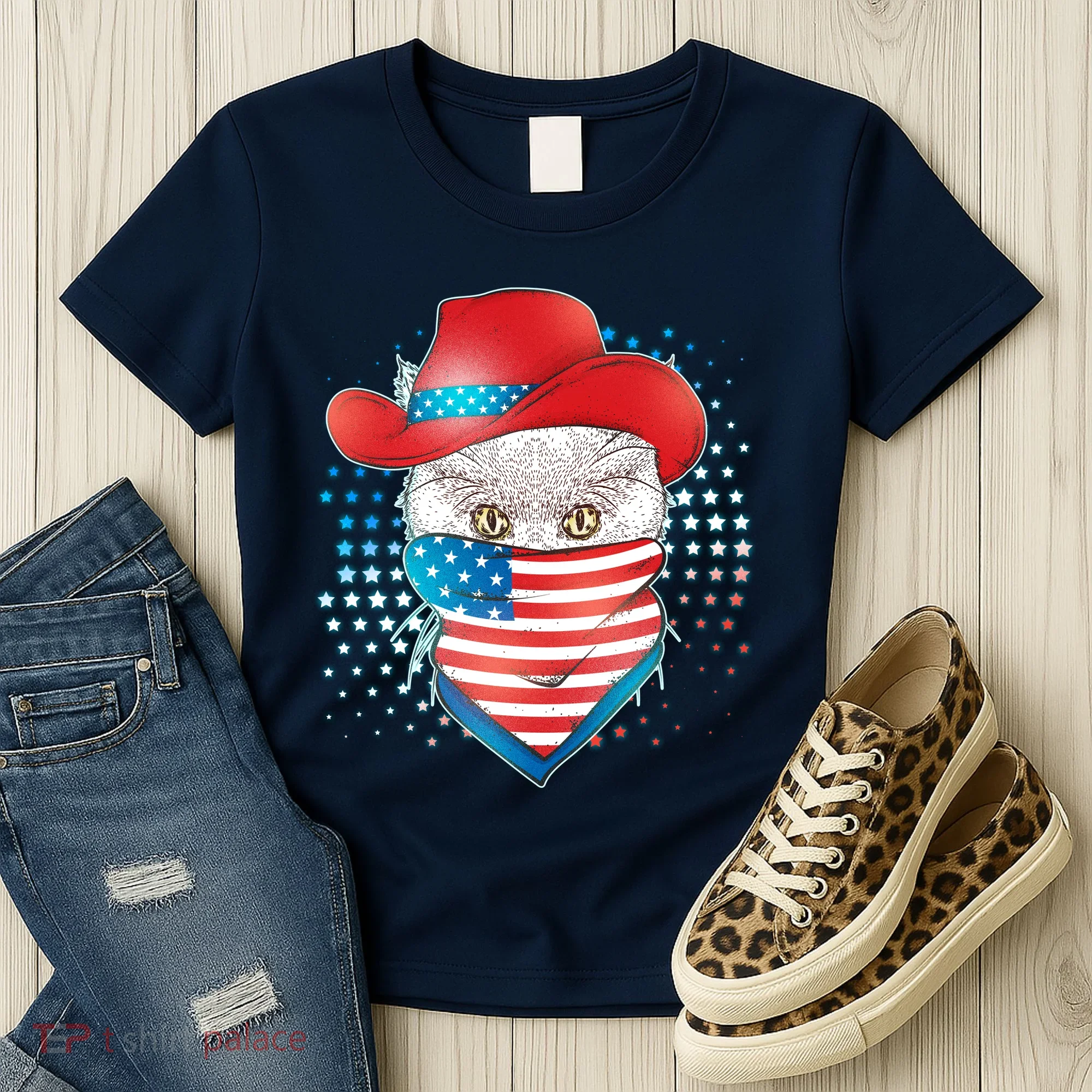 Red White and Blue Cowboy Cat Women's T-Shirt