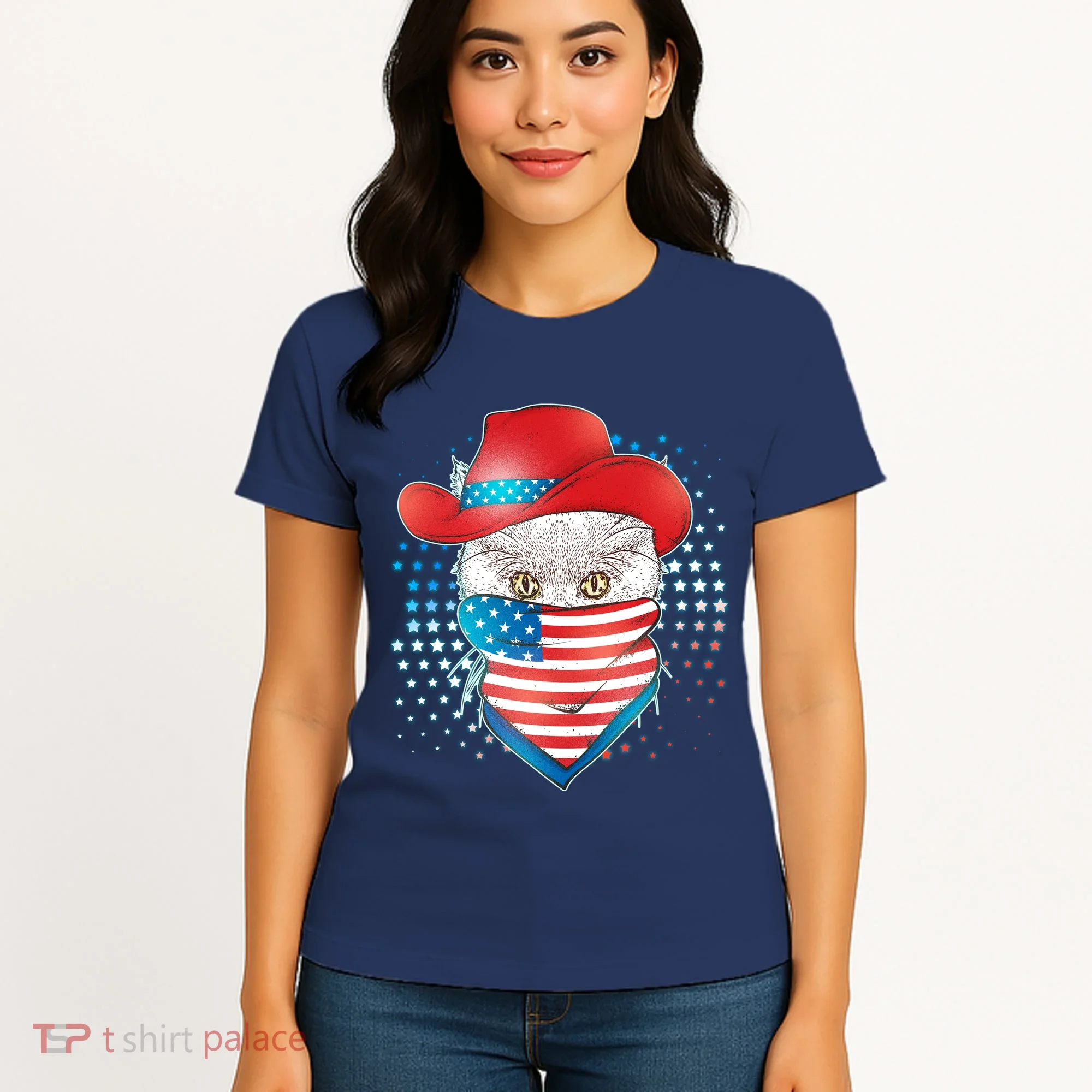 Red White and Blue Cowboy Cat Women's T-Shirt