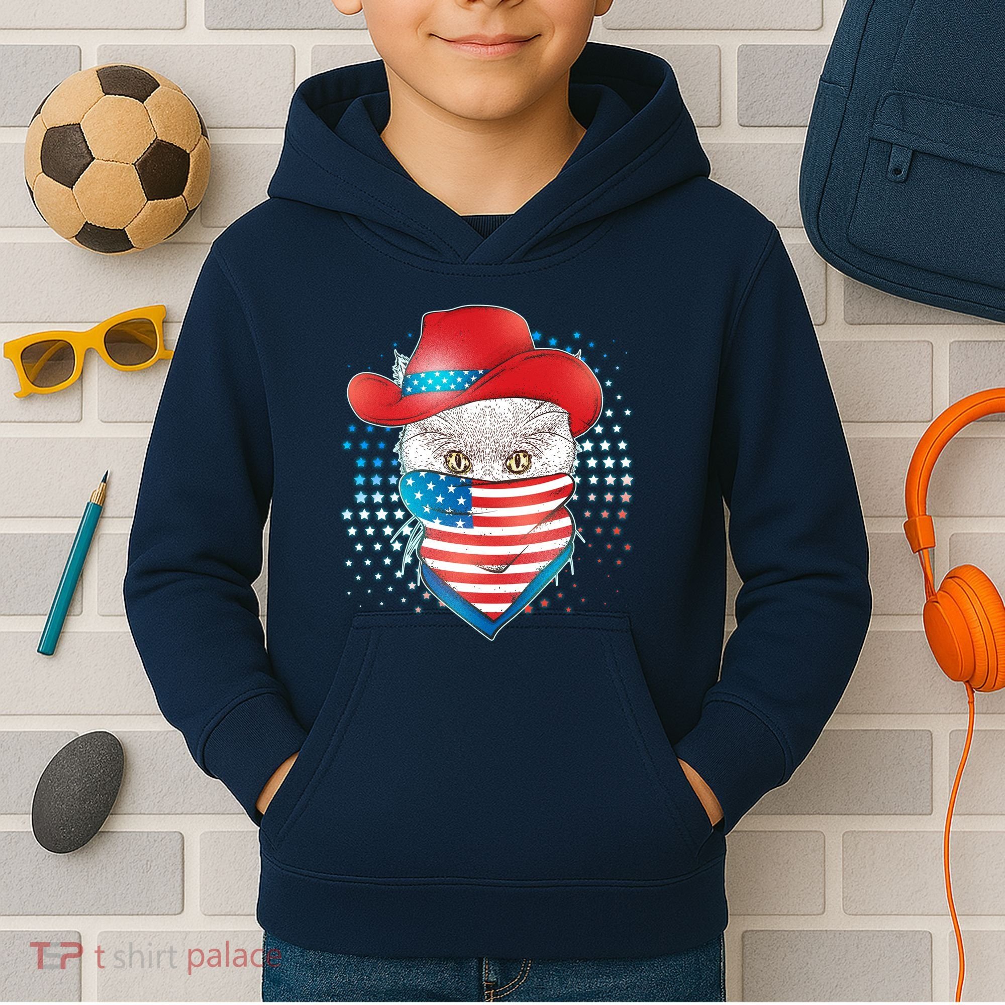 Red White and Blue Cowboy Cat Kids Hoodie