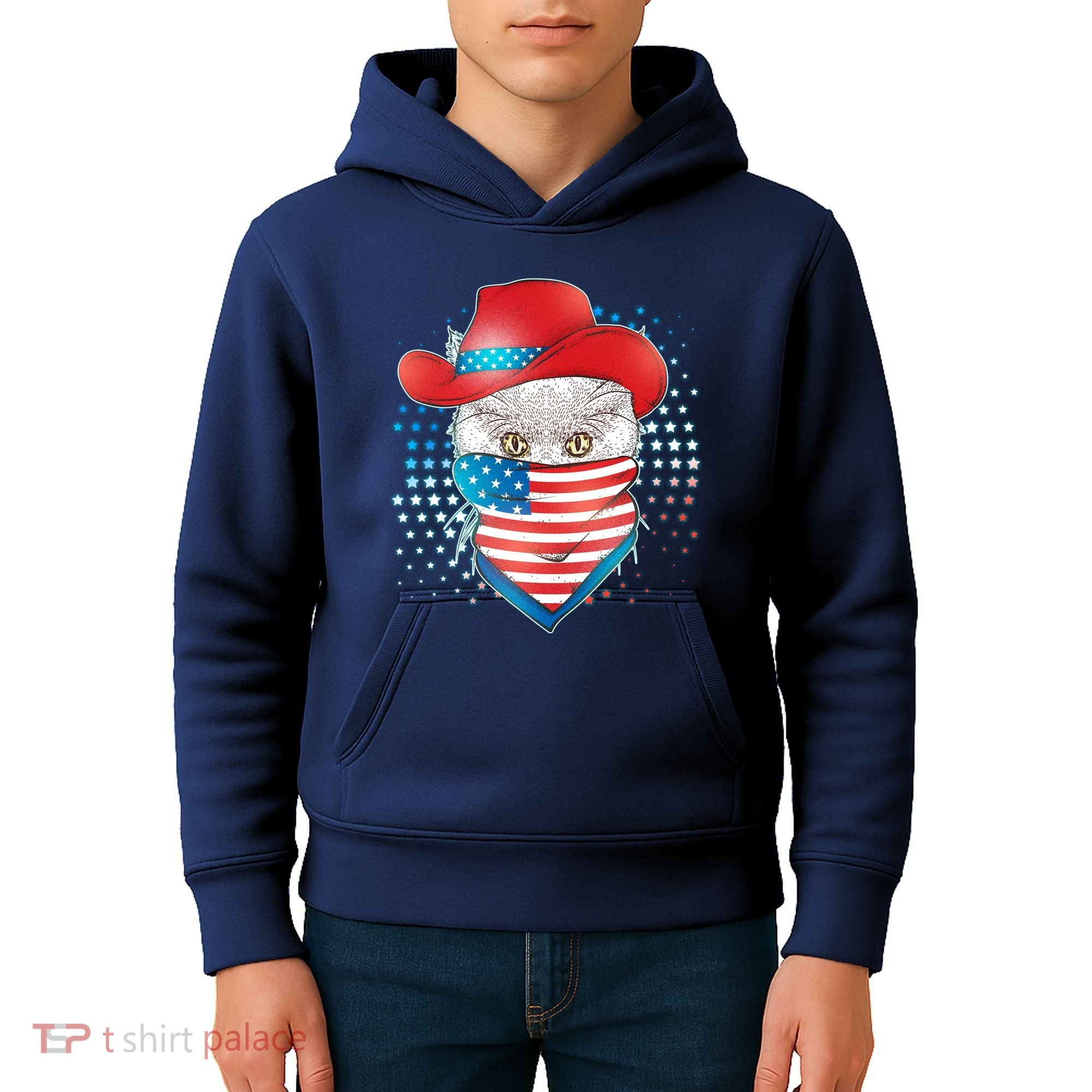 Red White and Blue Cowboy Cat Kids Hoodie