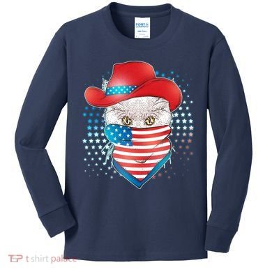 Red White and Blue Cowboy Cat Kids Long Sleeve Shirt