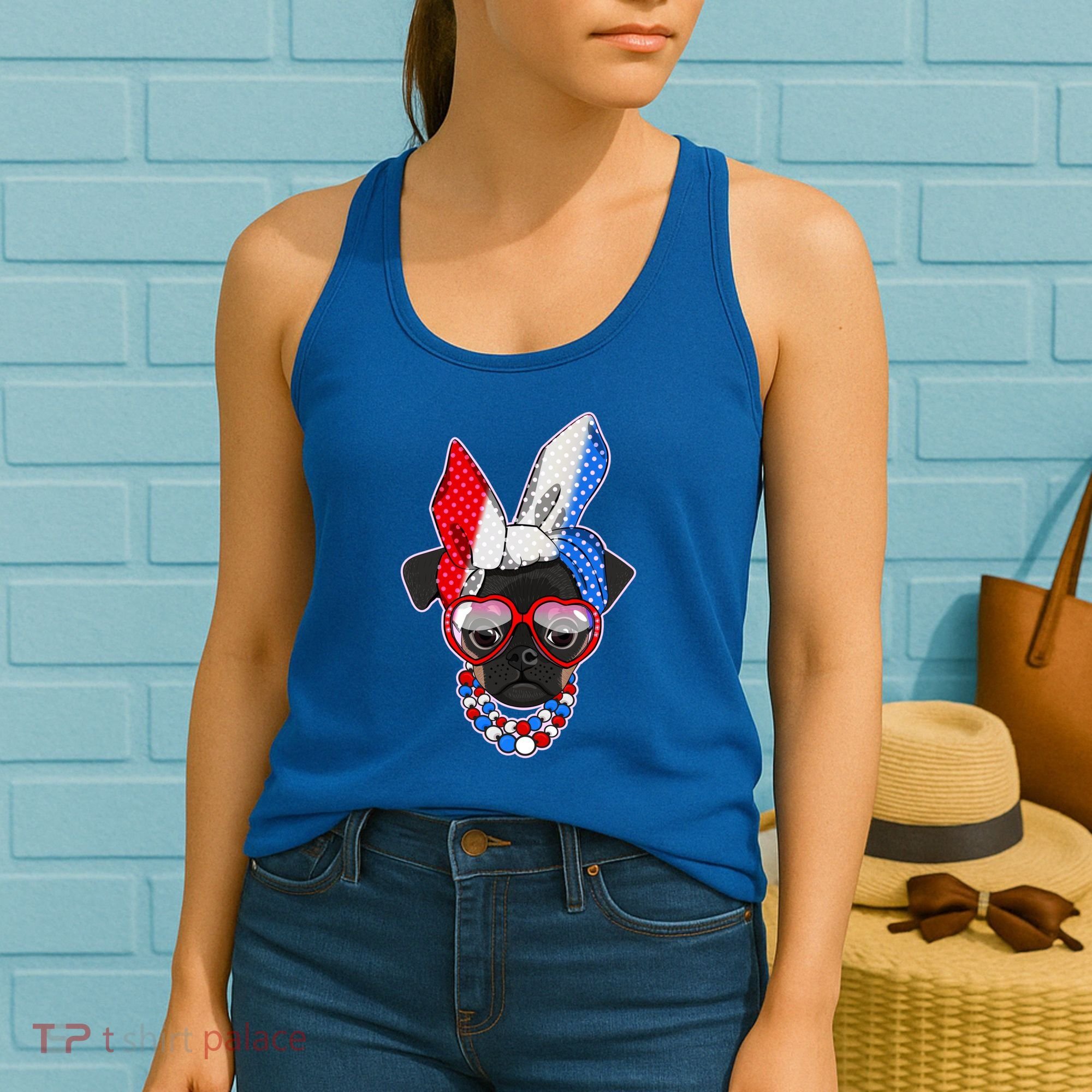 Red White And Blue Hipster Pug Women's Tank Top