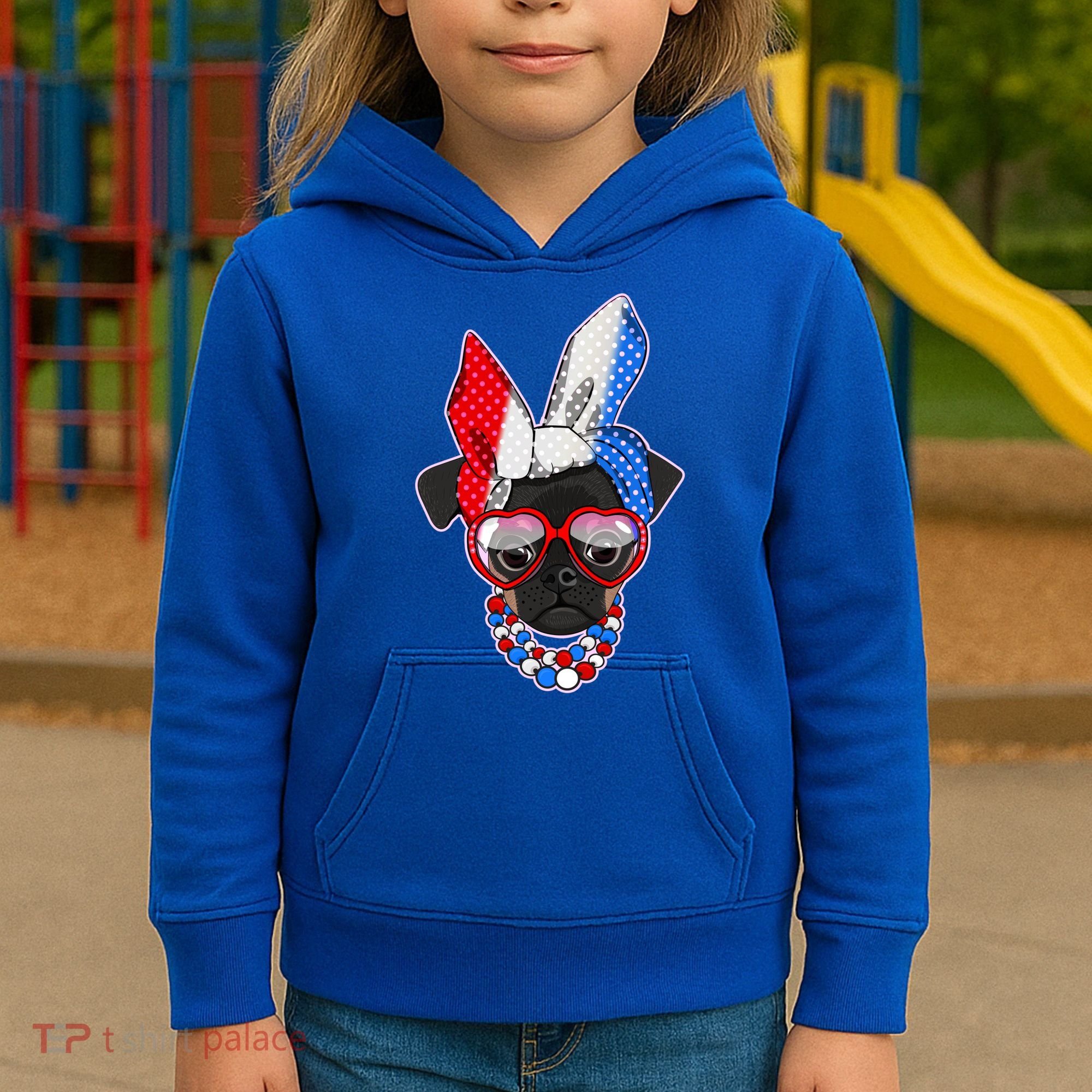 Red White And Blue Hipster Pug Kids Hoodie