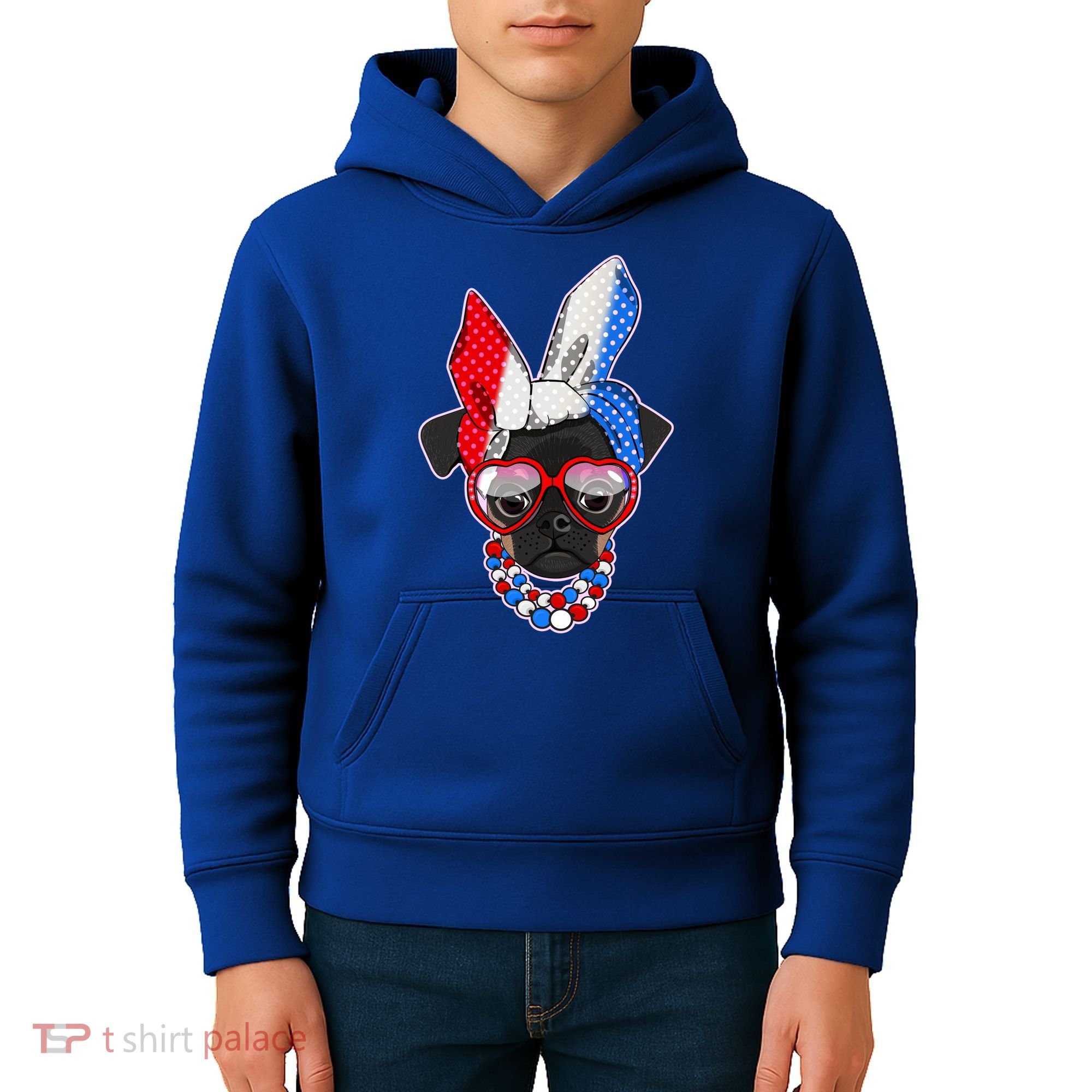 Red White And Blue Hipster Pug Kids Hoodie