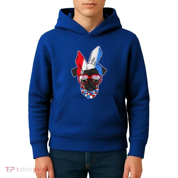 Red White And Blue Hipster Pug Kids Hoodie