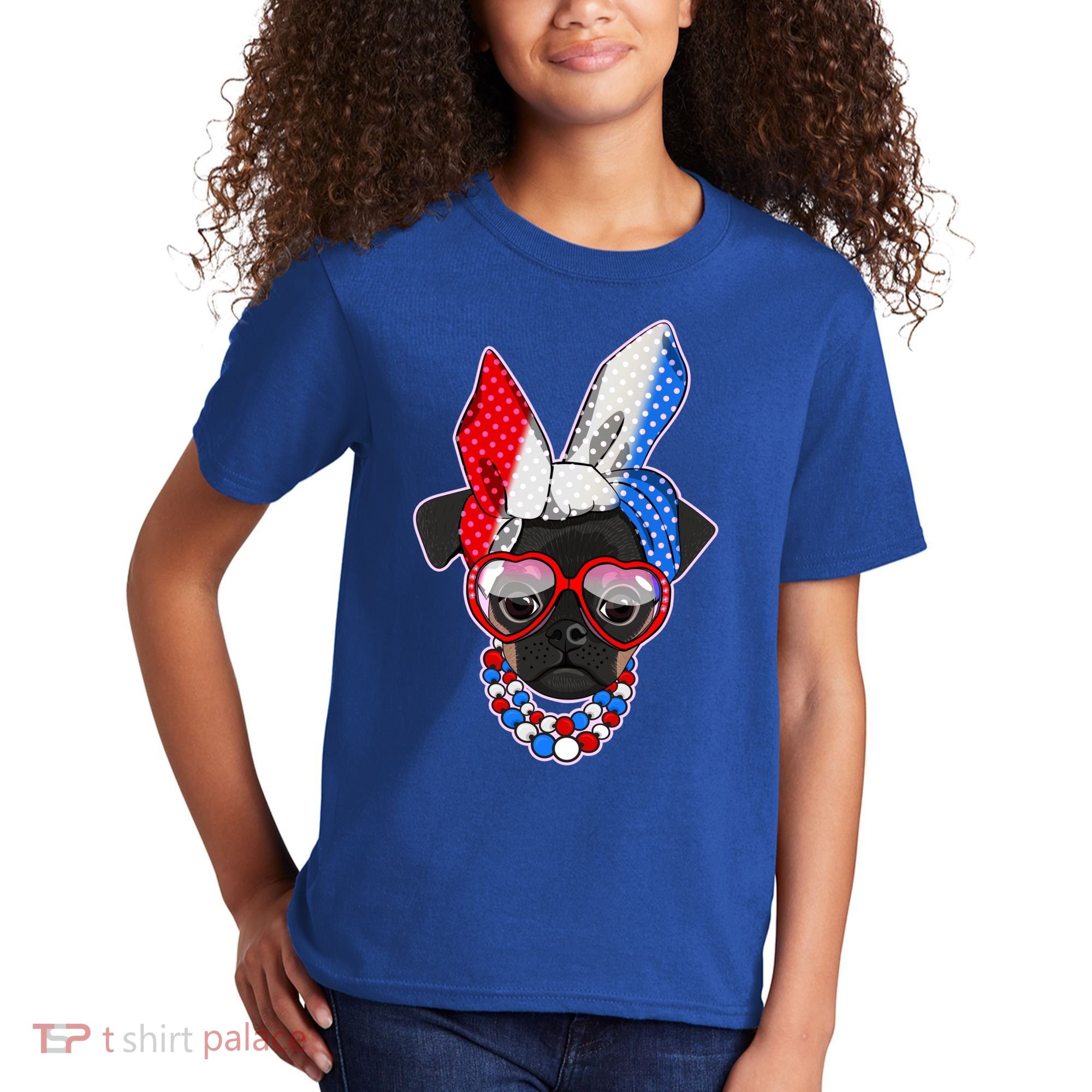 Red White And Blue Hipster Pug Kids T-Shirt