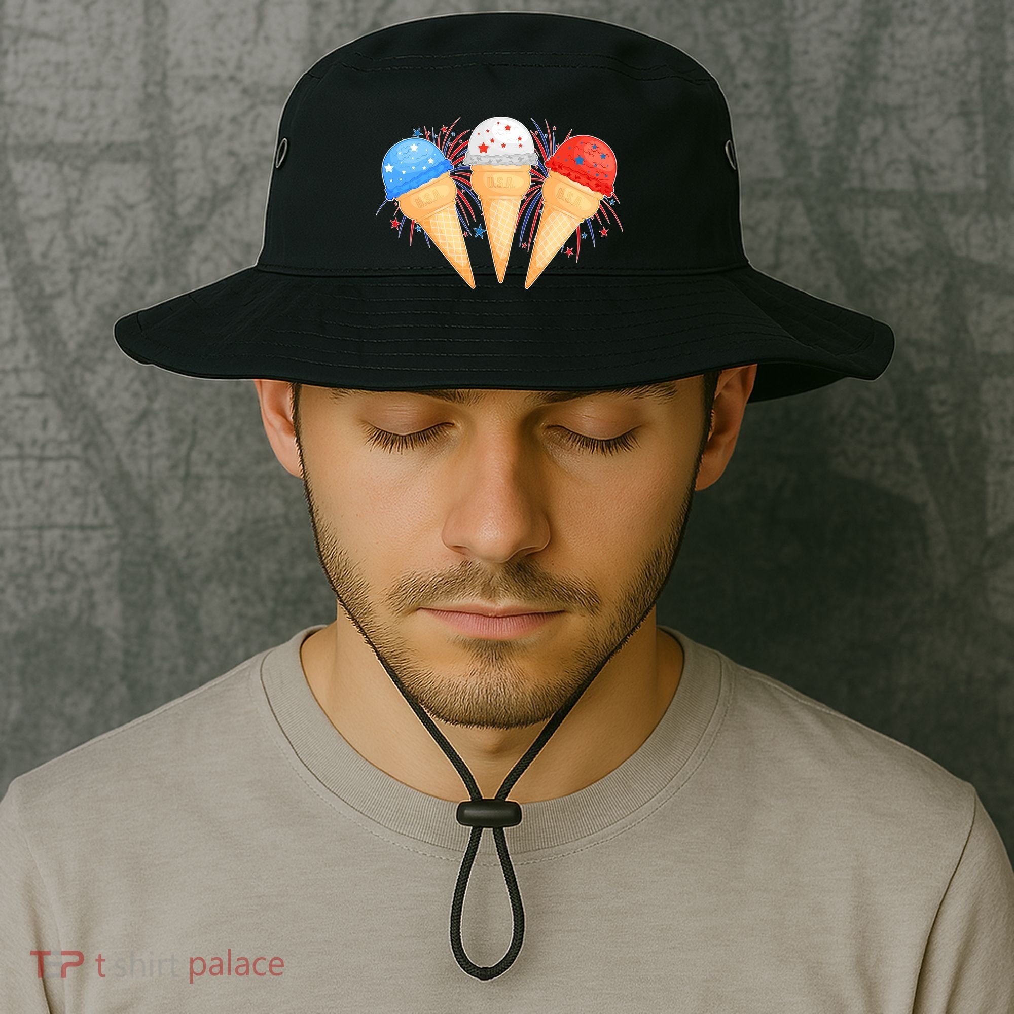 Red White and Blue USA American Ice Cream Cones Bucket Hat