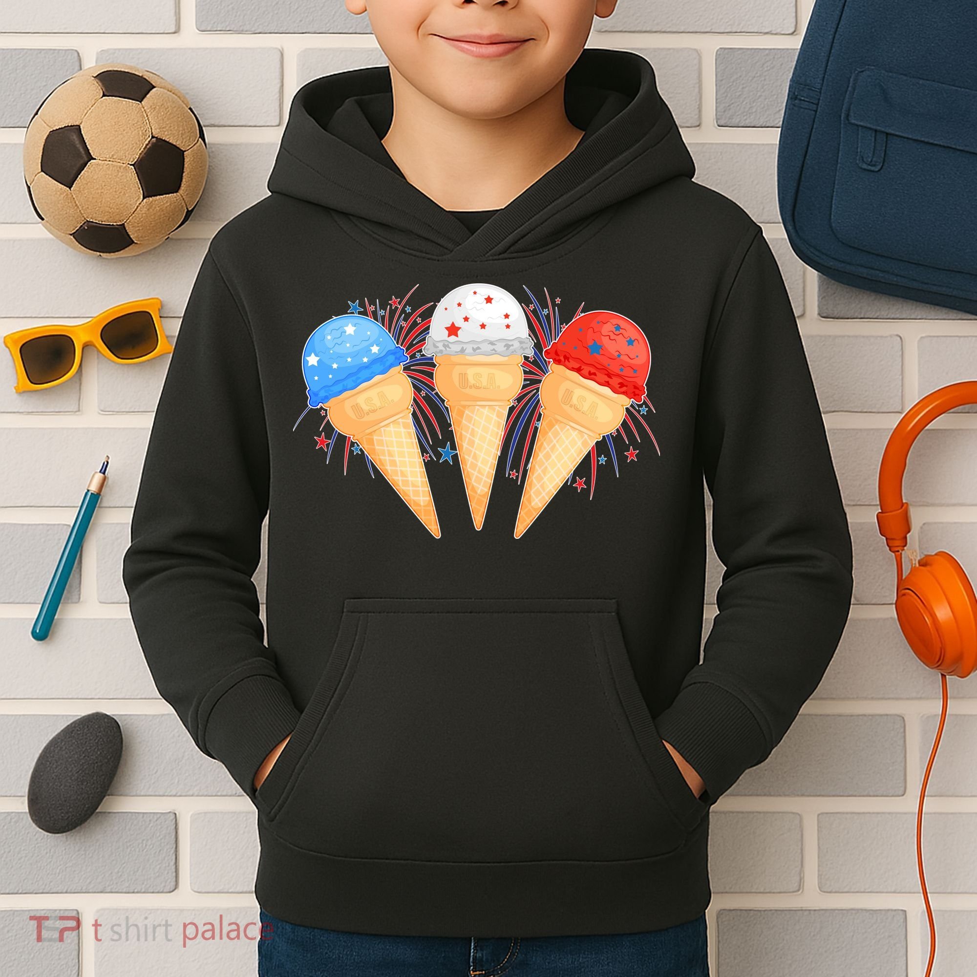 Red White and Blue USA American Ice Cream Cones Kids Hoodie