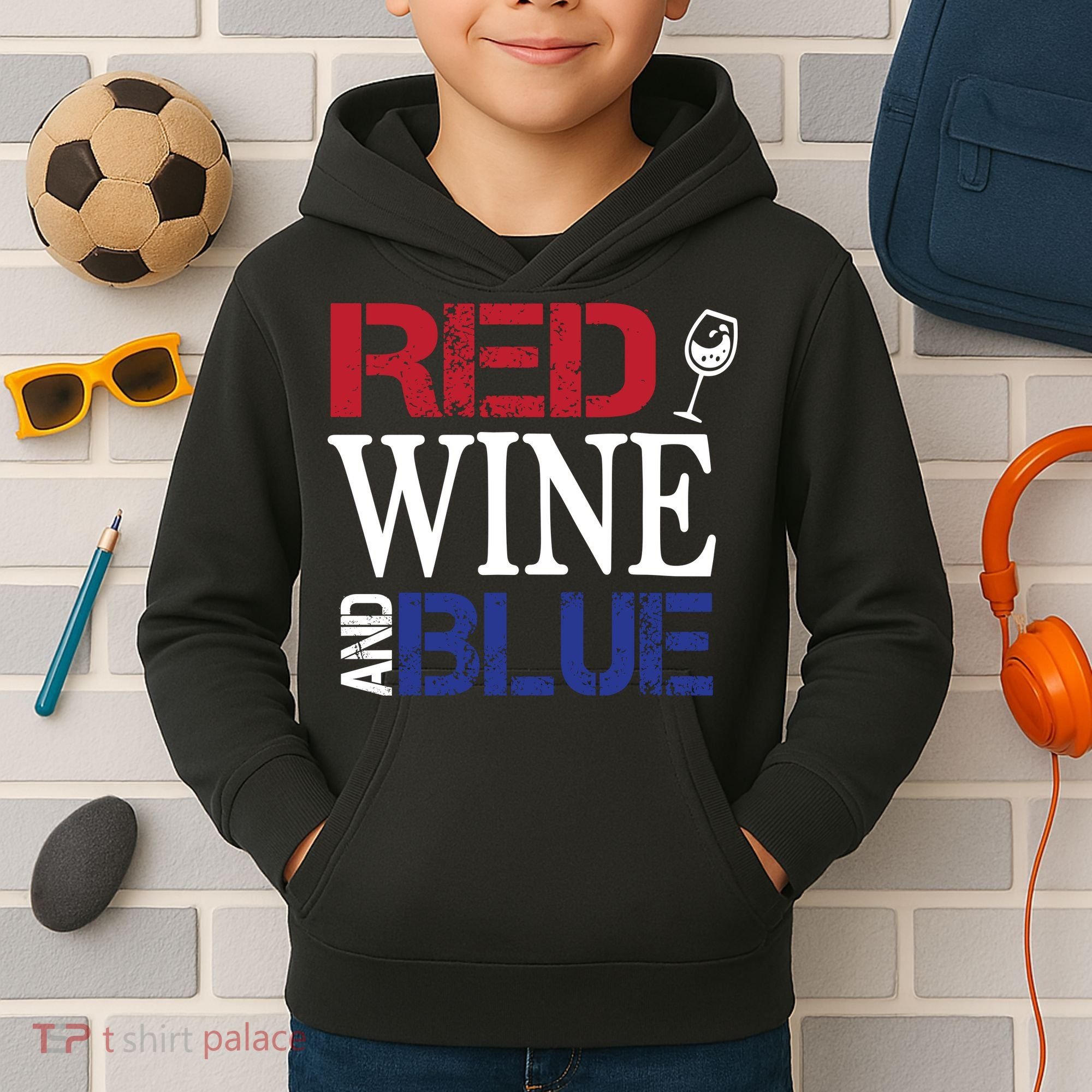 Red Wine and Blue USA Flag Kids Hoodie