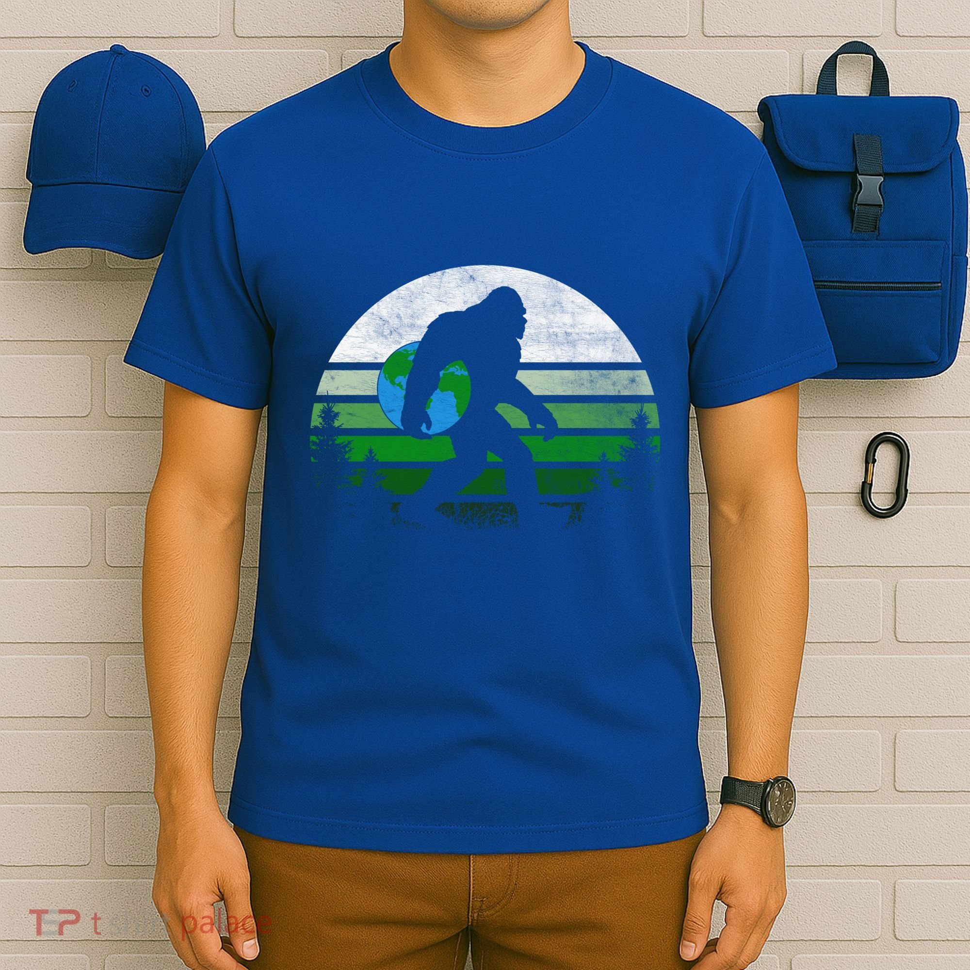 Retro Earth Day Bigfoot Sasquatch Holding Earth Planet Gift T-Shirt