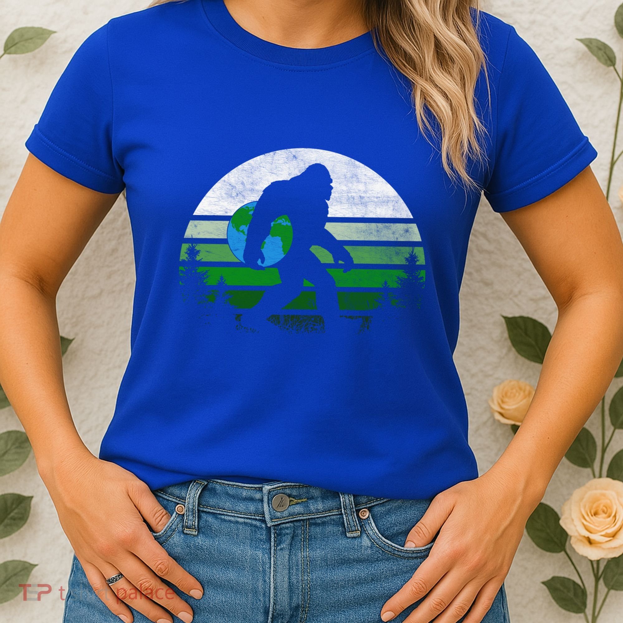 Retro Earth Day Bigfoot Sasquatch Holding Earth Planet Gift Women's T-Shirt
